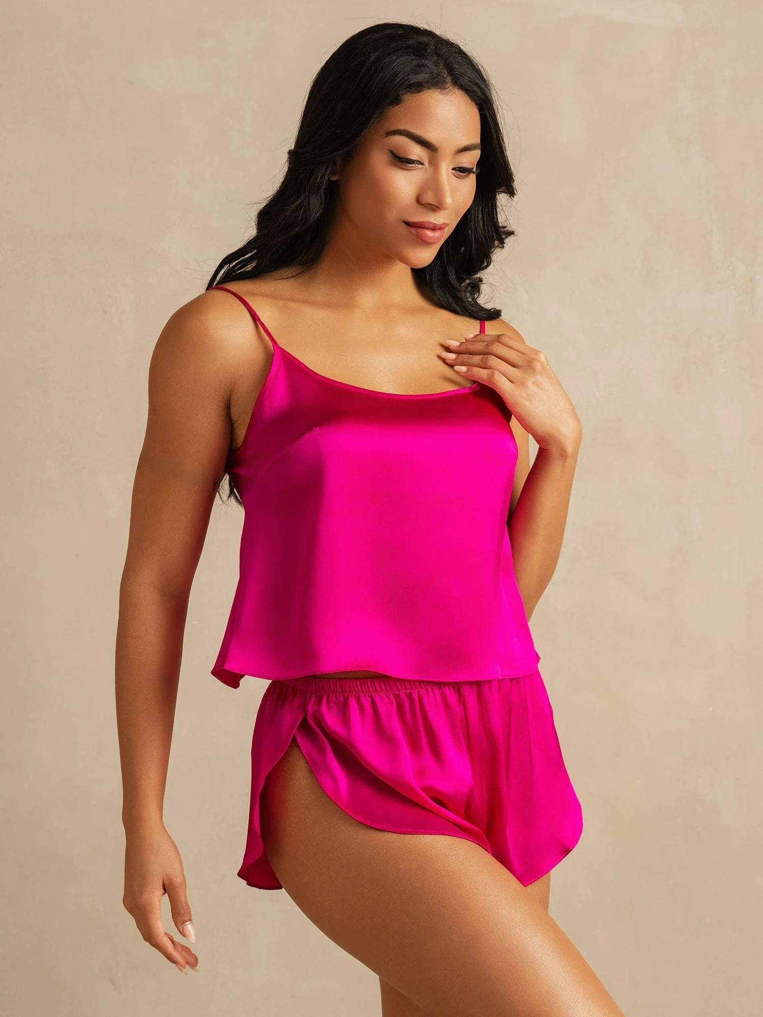 Pure Silk Spaghetti Strap Round Neck Above the Knee Camisole Set with Split Design - Image 26