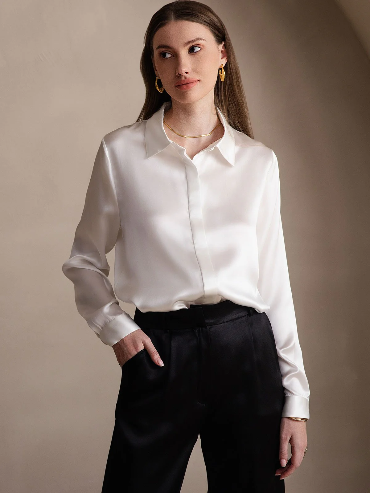 19Momme Silk Long Sleeve Lapel Collar Women's Shirt - Image 11