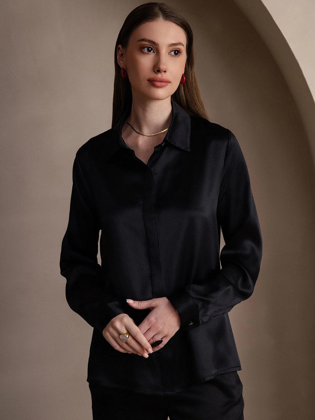 19Momme Silk Long Sleeve Lapel Collar Women's Shirt - Image 23