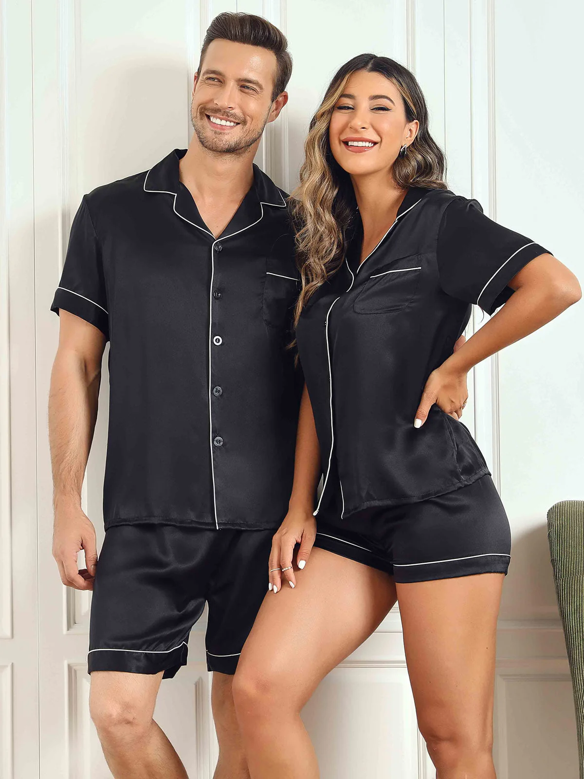 Couple Pure Silk Short Pyjama Sets Total 4Pcs - Image 41