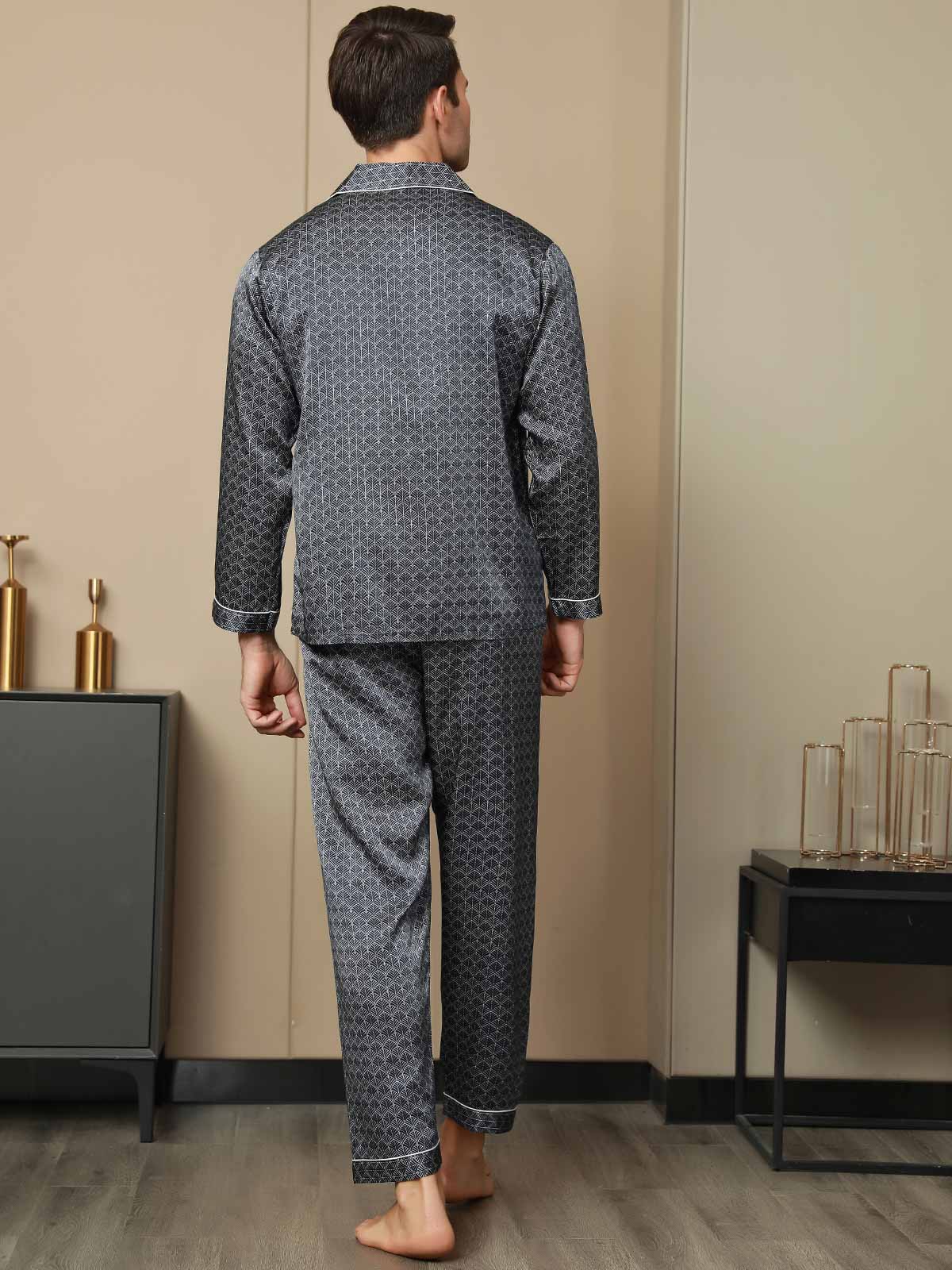 Pure Silk Navy Ginkgo Print Long Sleeve Men's Pyjamas Set With Pants - Image 2