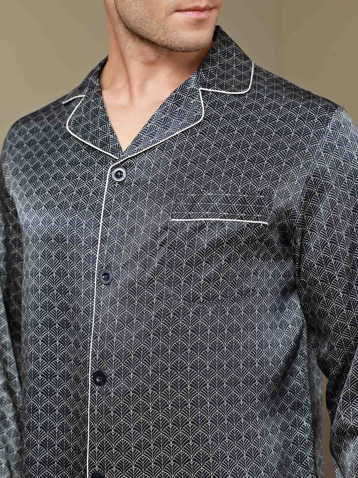 Pure Silk Navy Ginkgo Print Long Sleeve Men's Pyjamas Set With Pants - Image 4