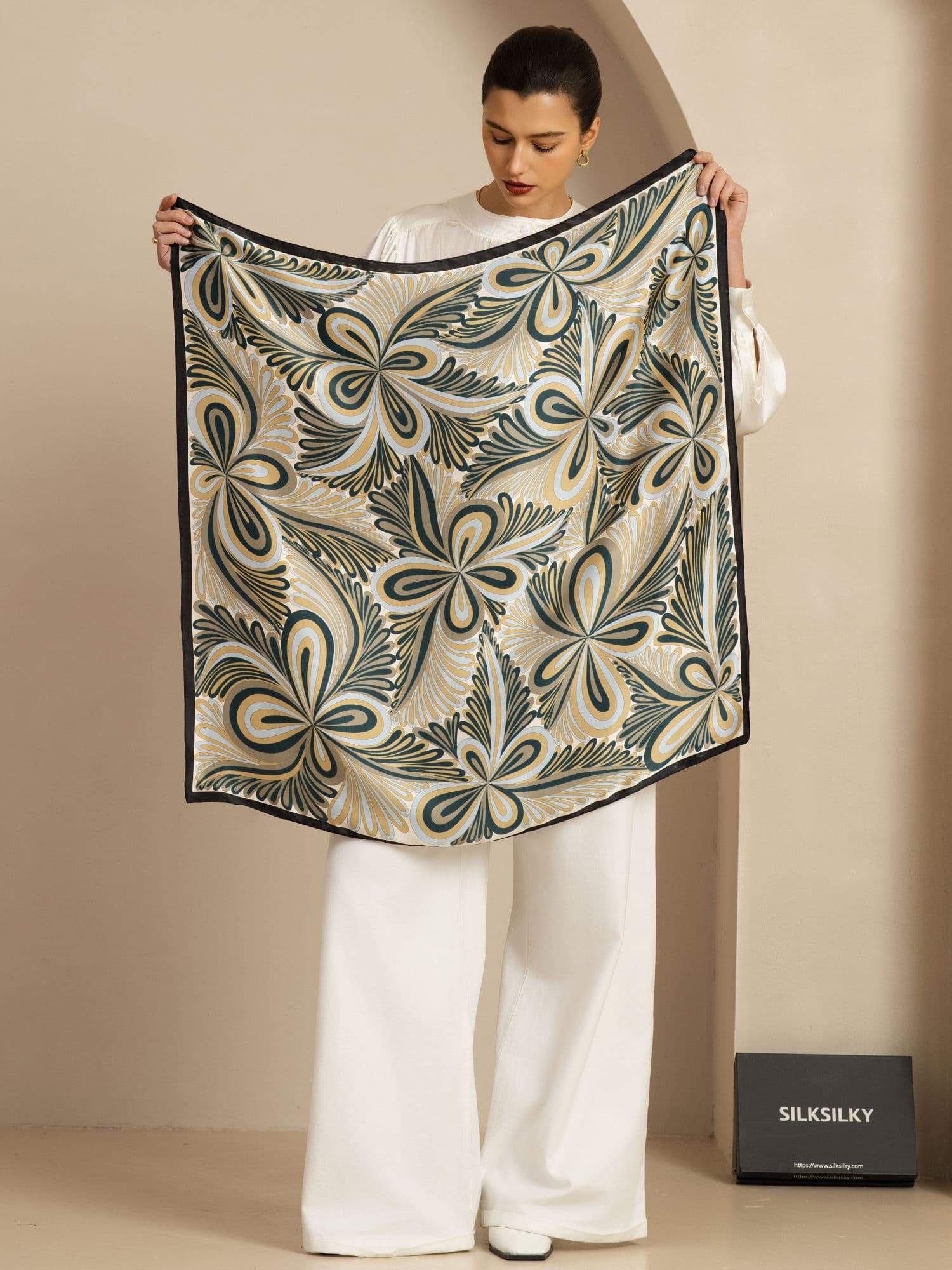 Pure Silk Abstract Floral Pattern Square Scarf - Size 90x90cm - Image 2