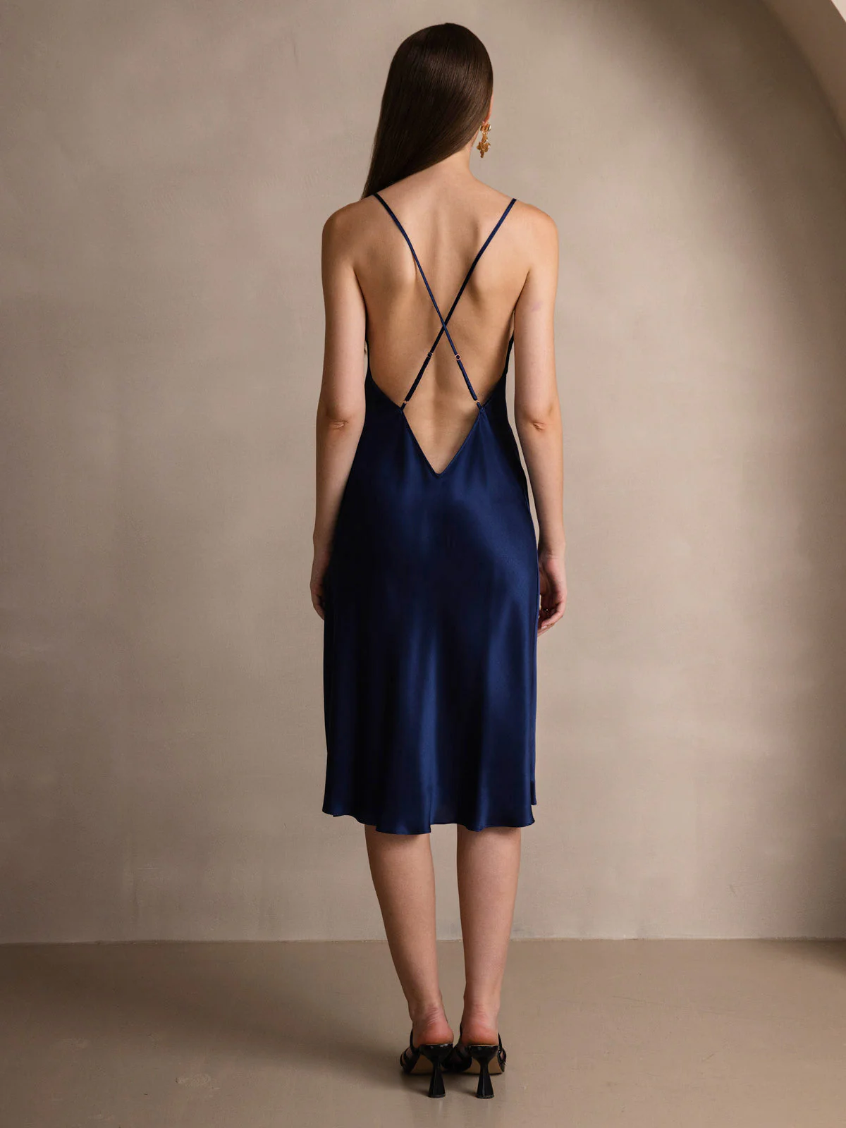 Pure Silk Spaghetti Strap U Neck Knee Dress with Split Criss Cross V-Back Design - Image 21