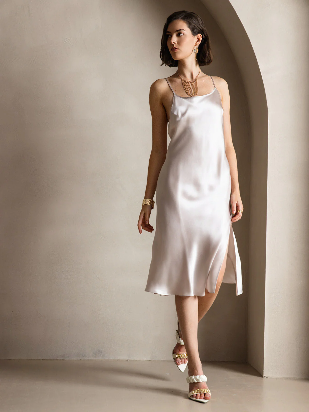 Pure Silk Spaghetti Strap U Neck Knee Dress with Split Criss Cross V-Back Design - Image 29
