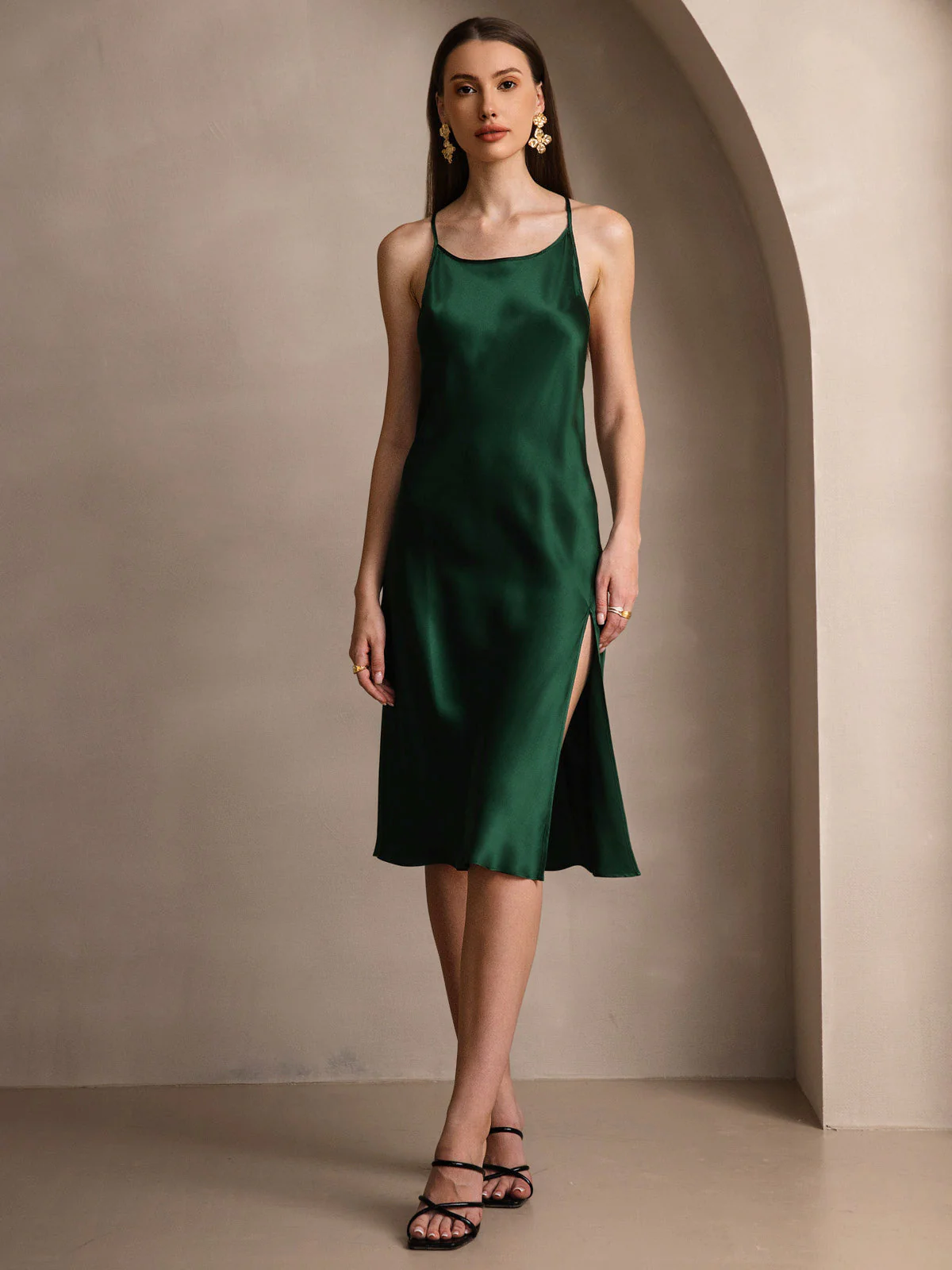 Pure Silk Spaghetti Strap U Neck Knee Dress with Split Criss Cross V-Back Design - Image 7