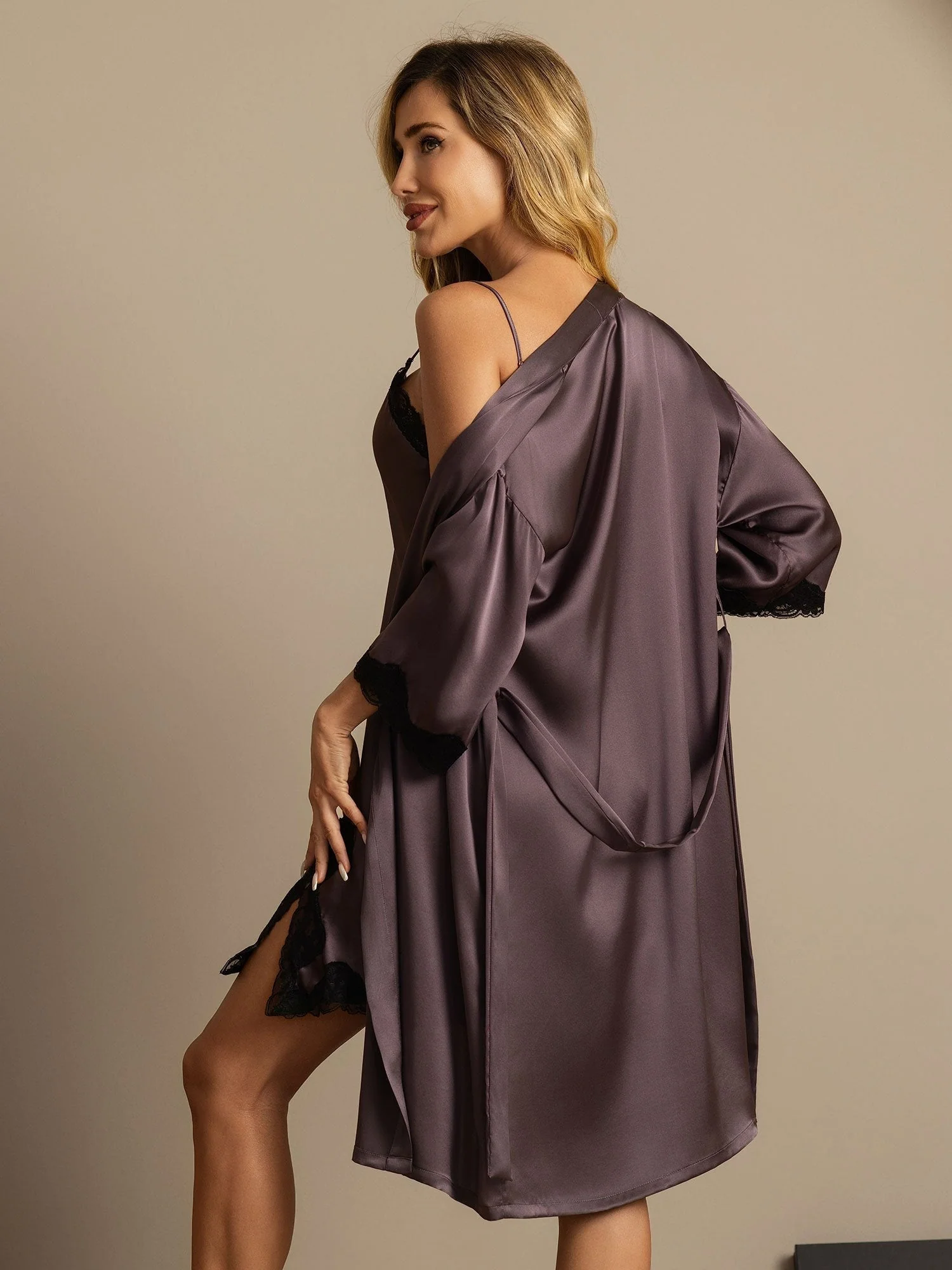 Pure Silk Basic Lace Trimmed Split Nightgown&Dressing gown Set 2Pcs - Image 10