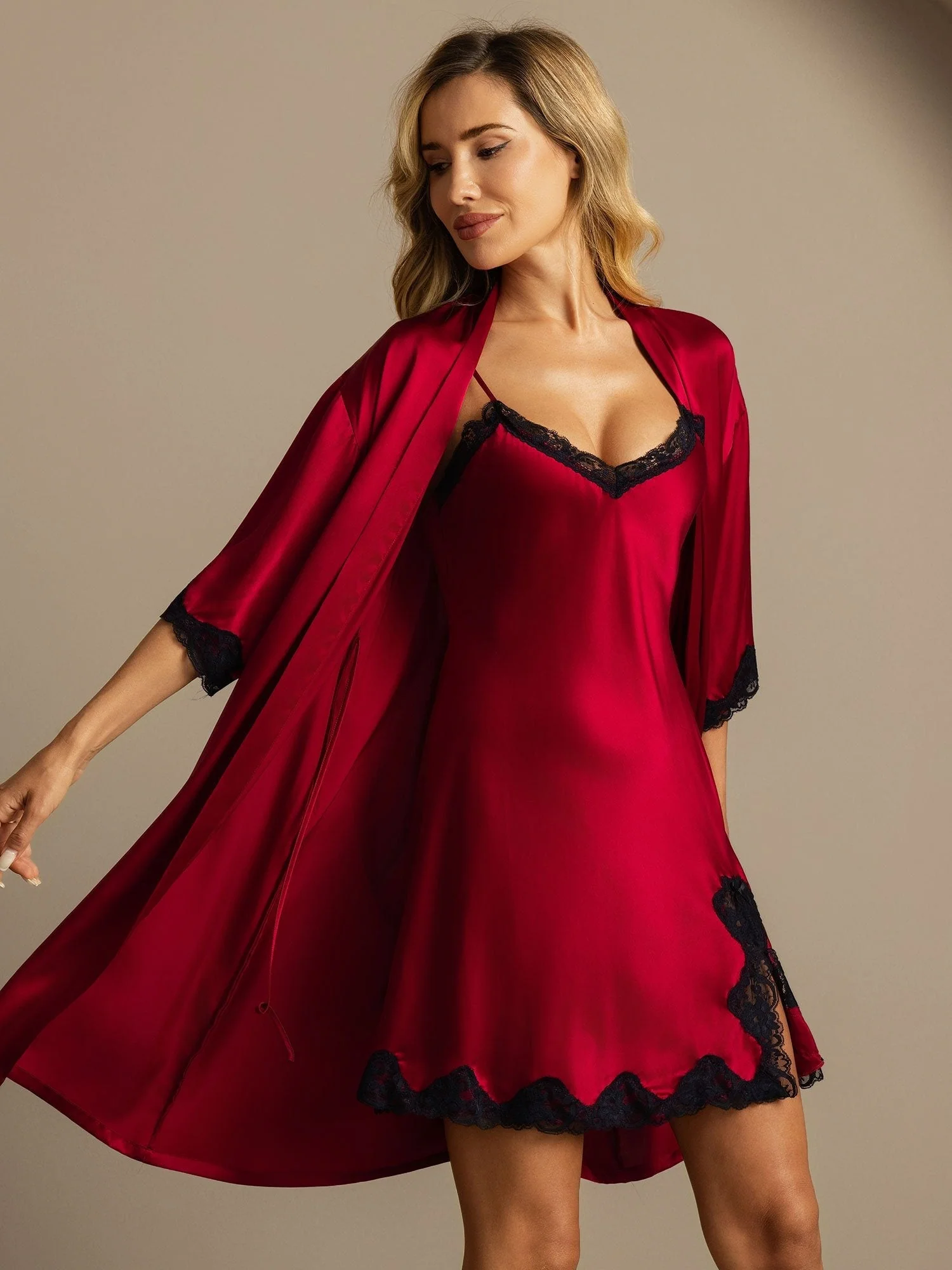 Pure Silk Basic Lace Trimmed Split Nightgown&Dressing gown Set 2Pcs - Image 4