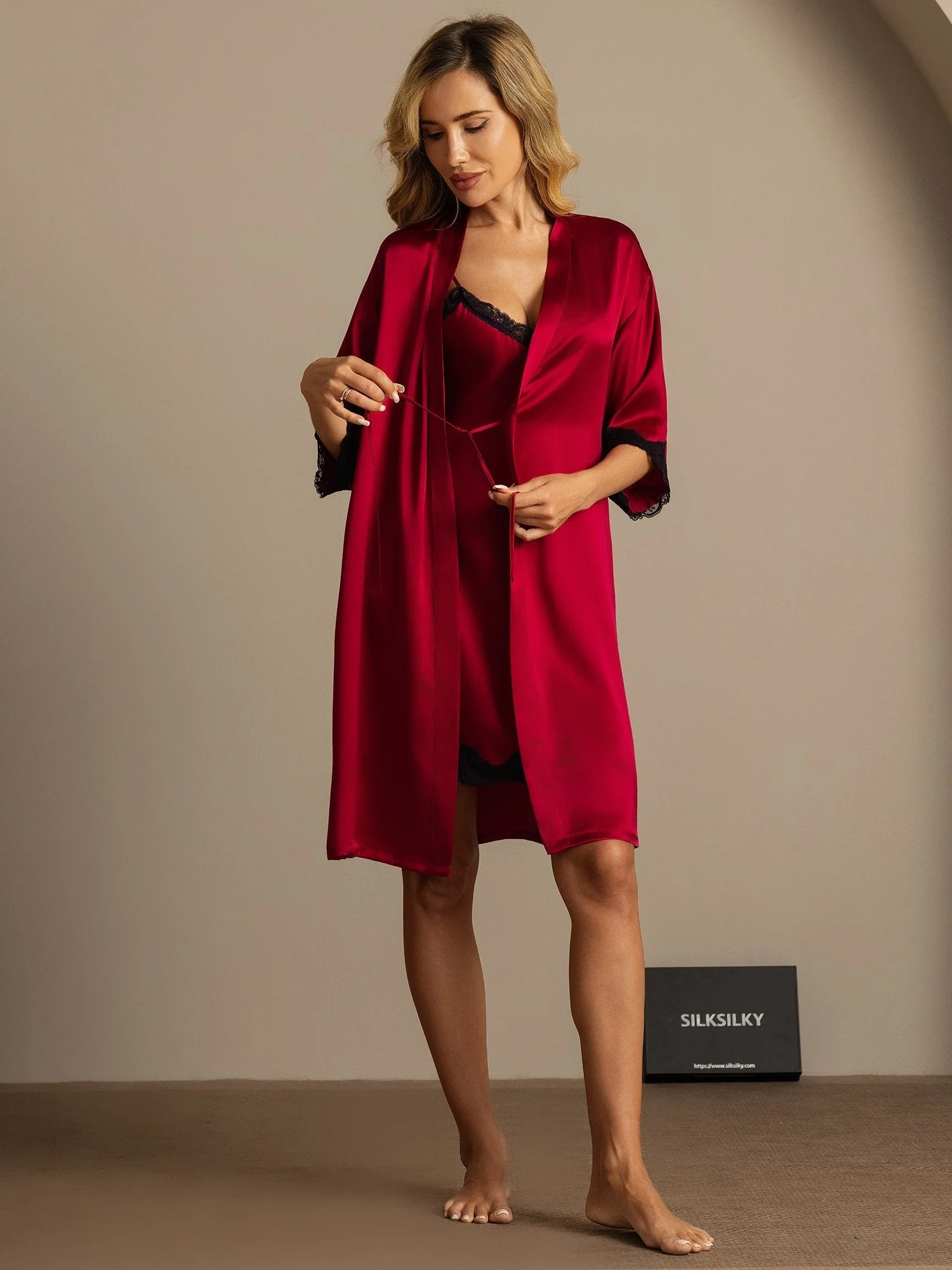 Pure Silk Basic Lace Trimmed Split Nightgown&Dressing gown Set 2Pcs - Image 8