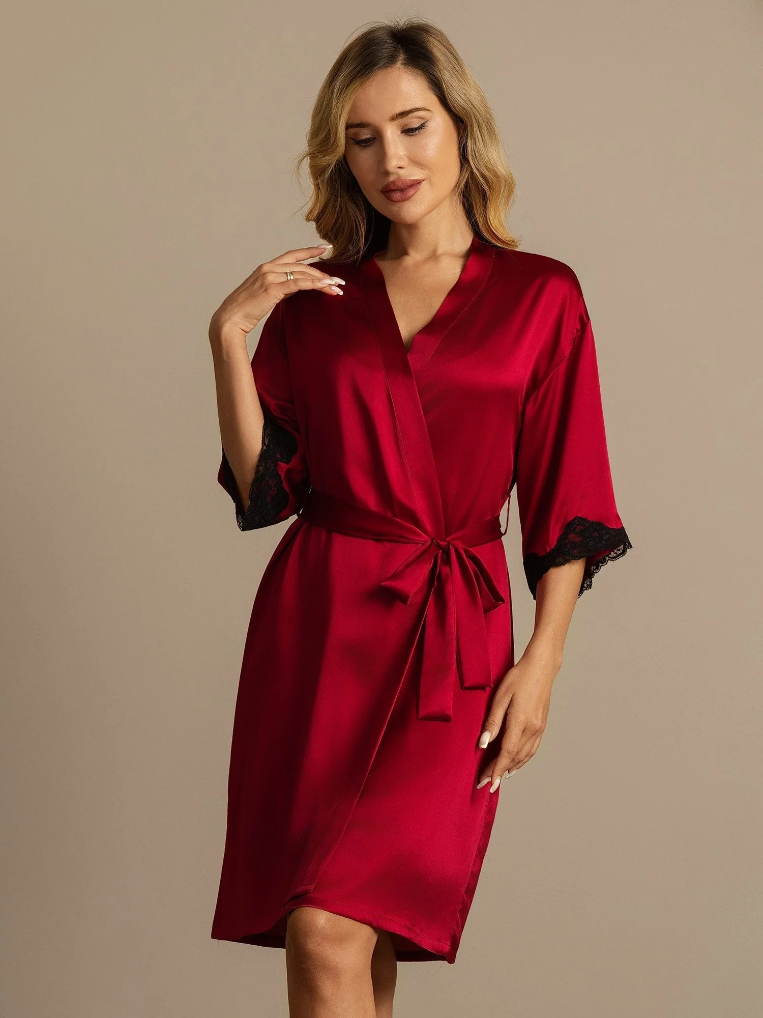 Pure Silk Basic Women's Robe with Lace Design - Image 13