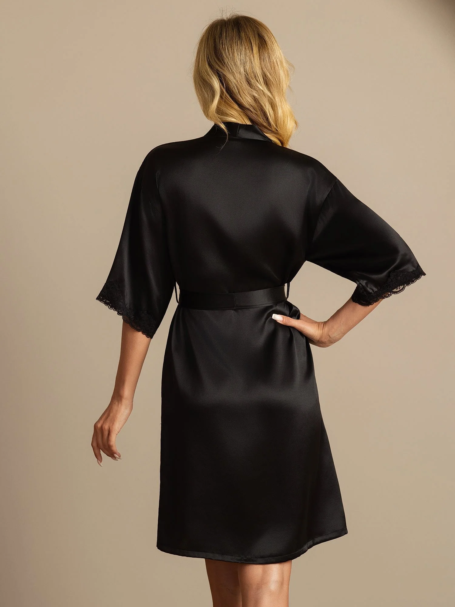 Pure Silk Basic Women's Robe with Lace Design - Image 2