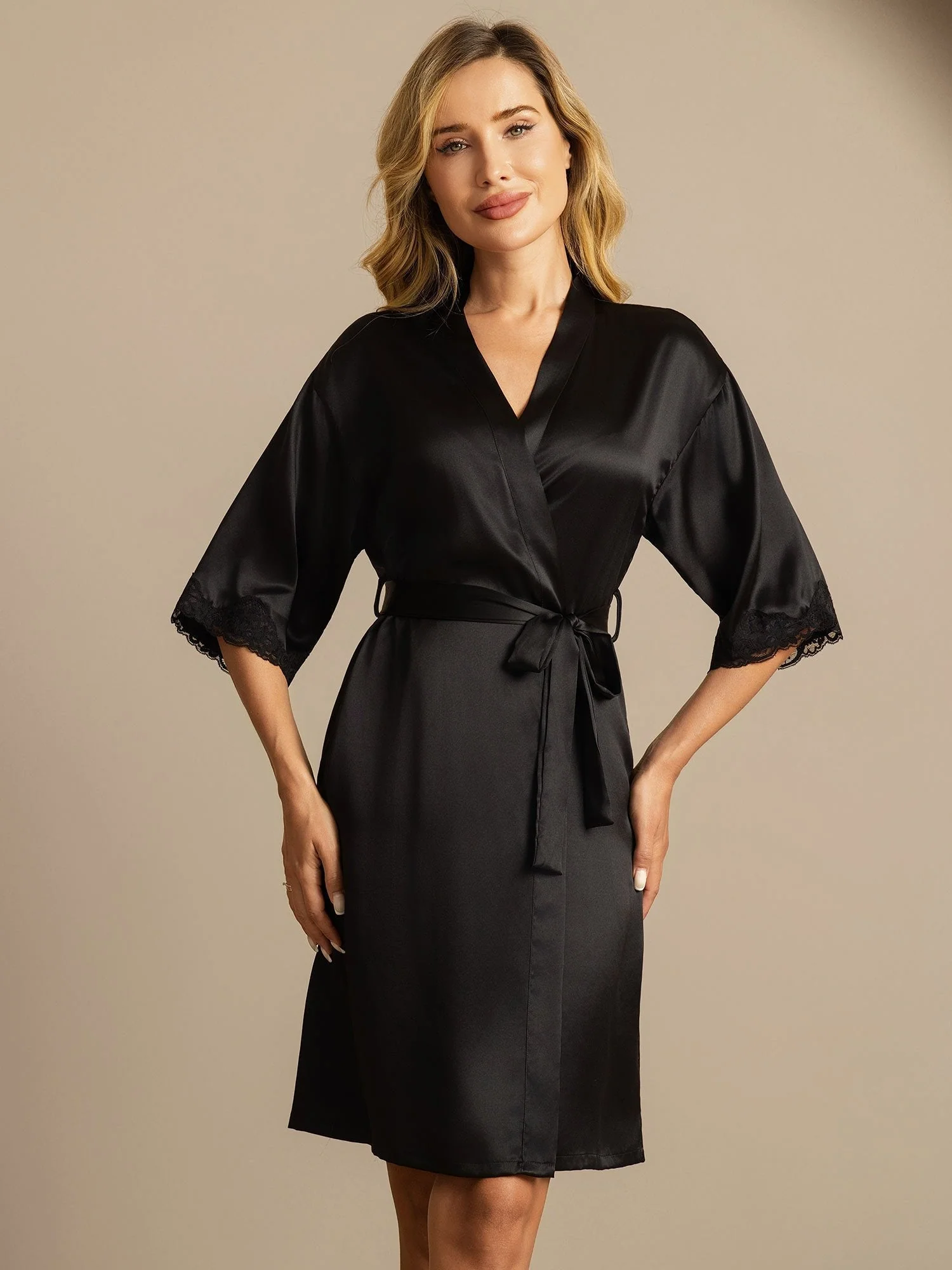 Pure Silk Basic Women's Robe with Lace Design - Image 3