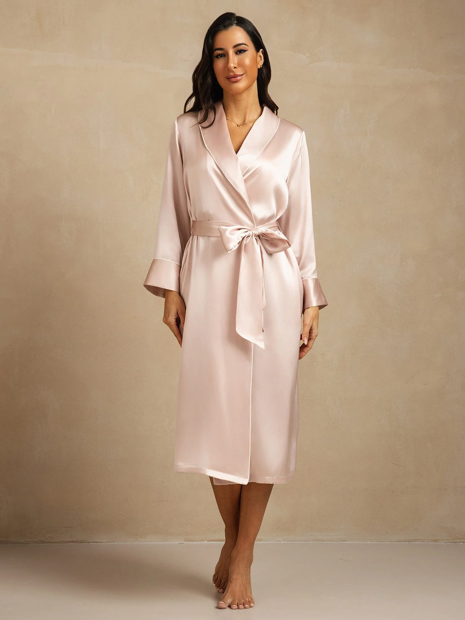 Pure Silk Belted Women's Long Lapel Robe with Pocket Design - Image 16