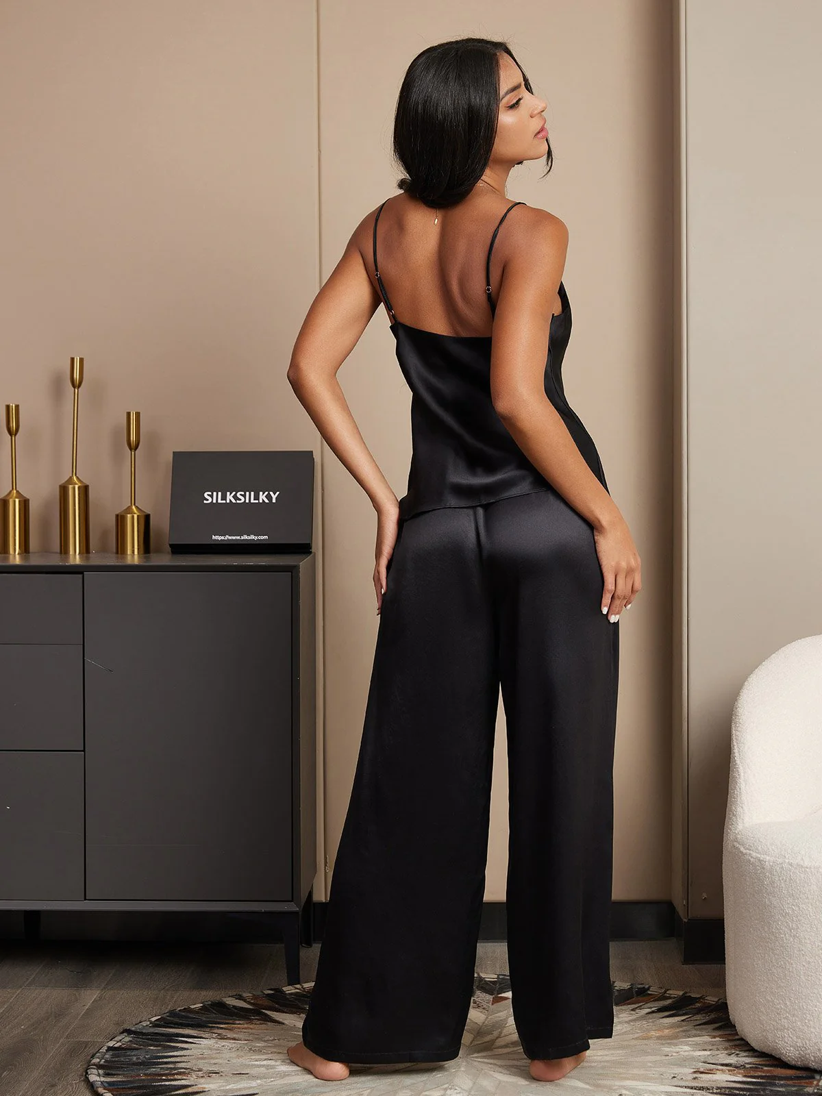 Pure Silk Spaghetti Strap V Neck Cami & Wide Leg Pants Set - Image 11
