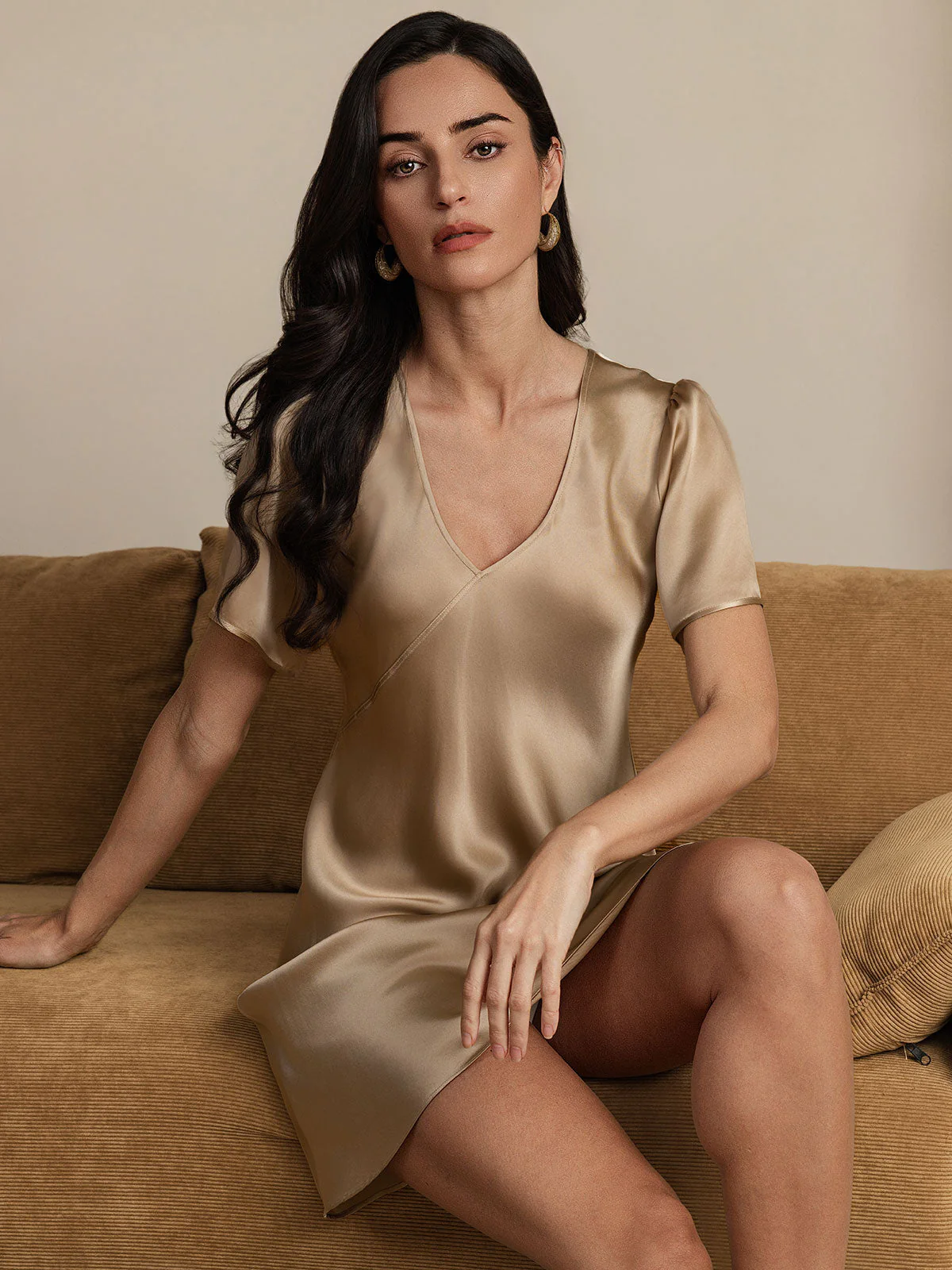 Women's Pure Silk Puff Sleeve V-neck Short Nightgown - Image 18