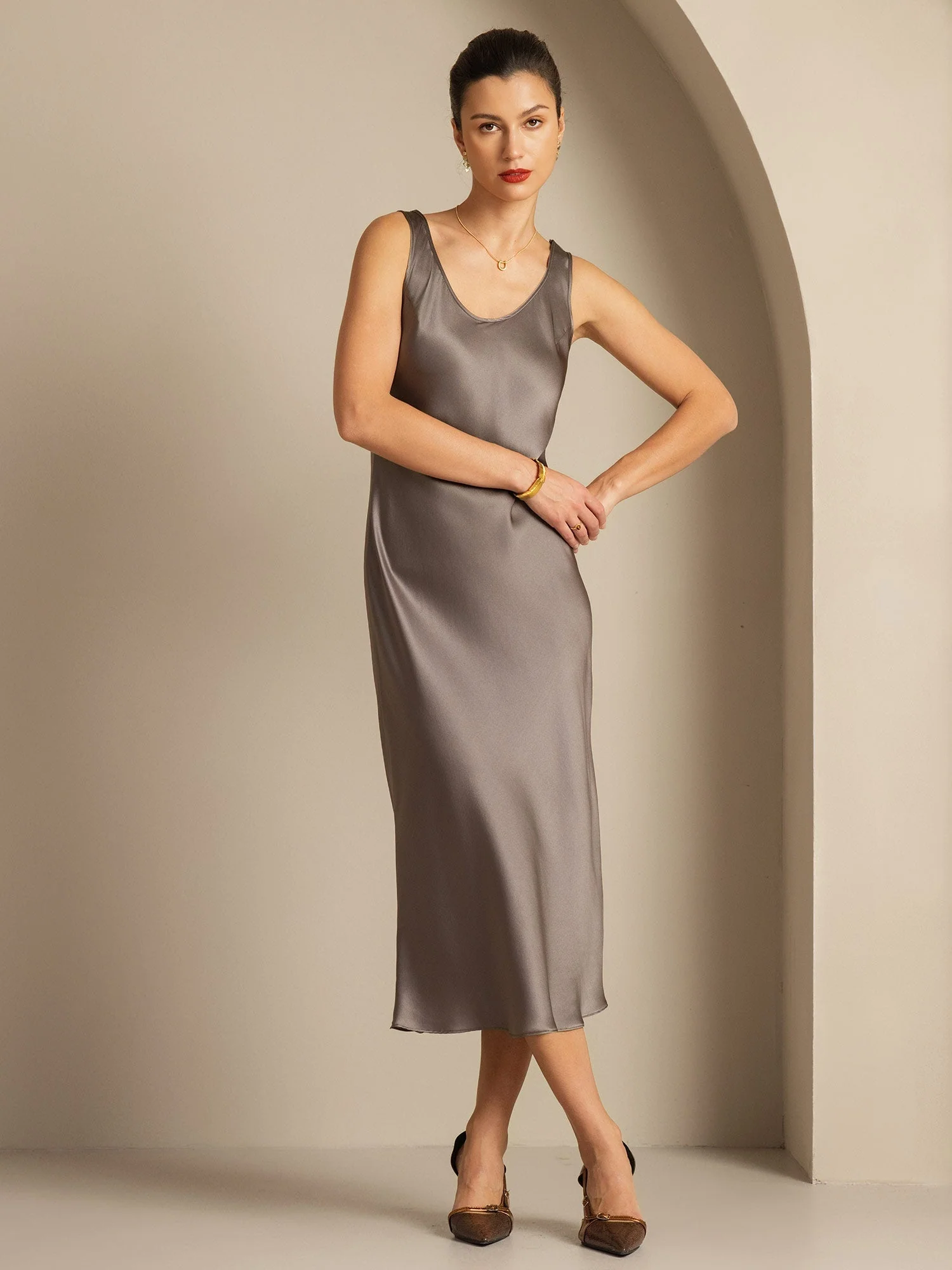 Pure Silk Sleeveless U Neck Midi Dress - Image 34