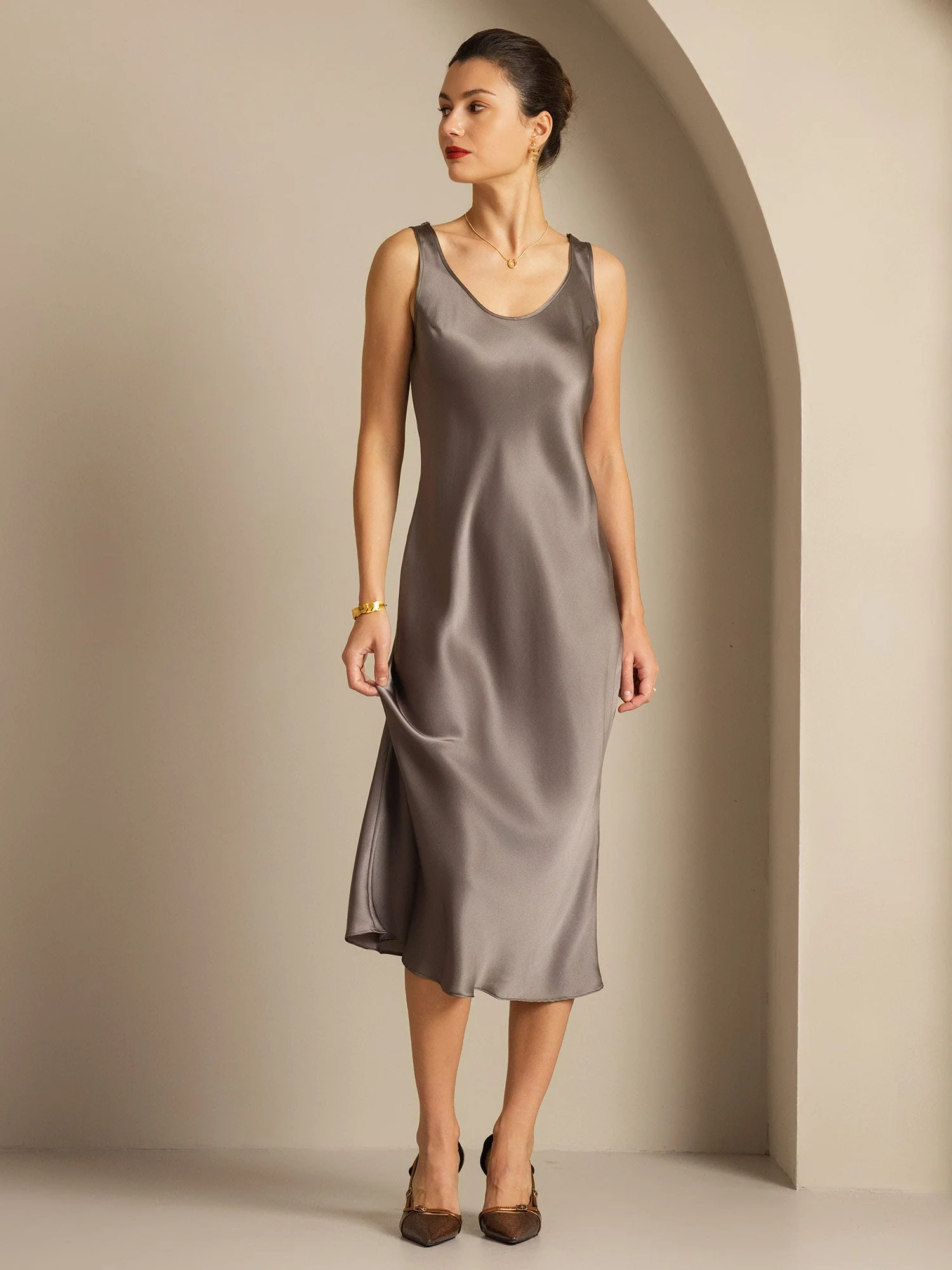 Pure Silk Sleeveless U Neck Midi Dress - Image 36