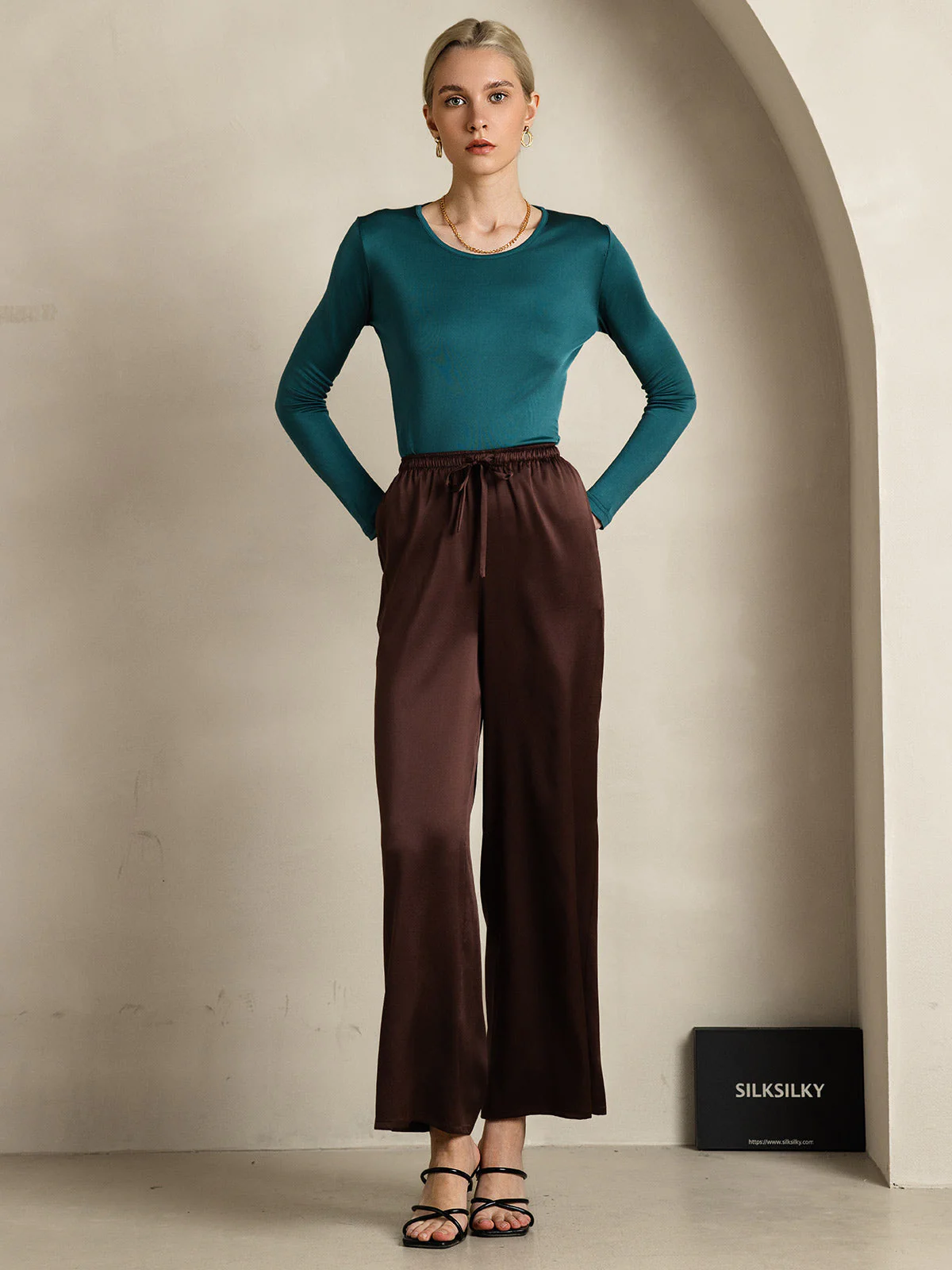 100% Mulberry Silk Wide Leg Women's Pants - Image 52