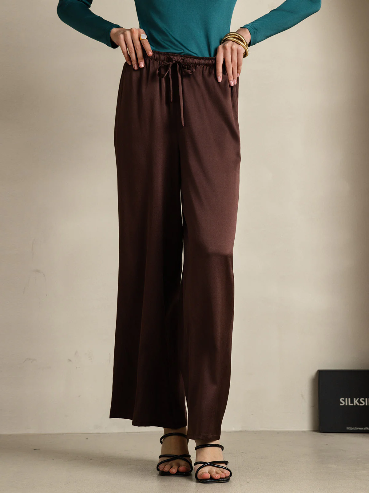 100% Mulberry Silk Wide Leg Women's Pants - Image 55
