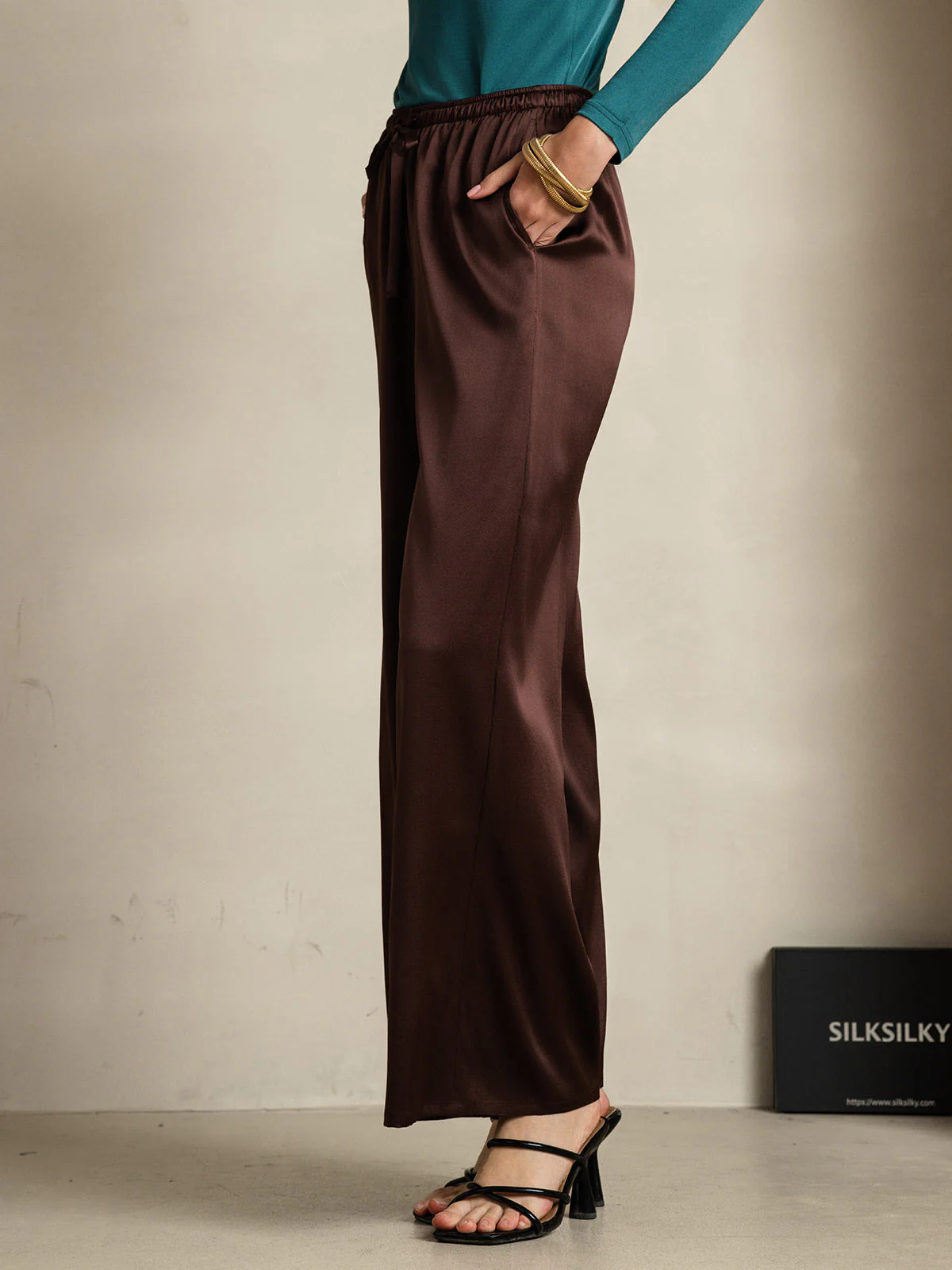 100% Mulberry Silk Wide Leg Women's Pants - Image 56