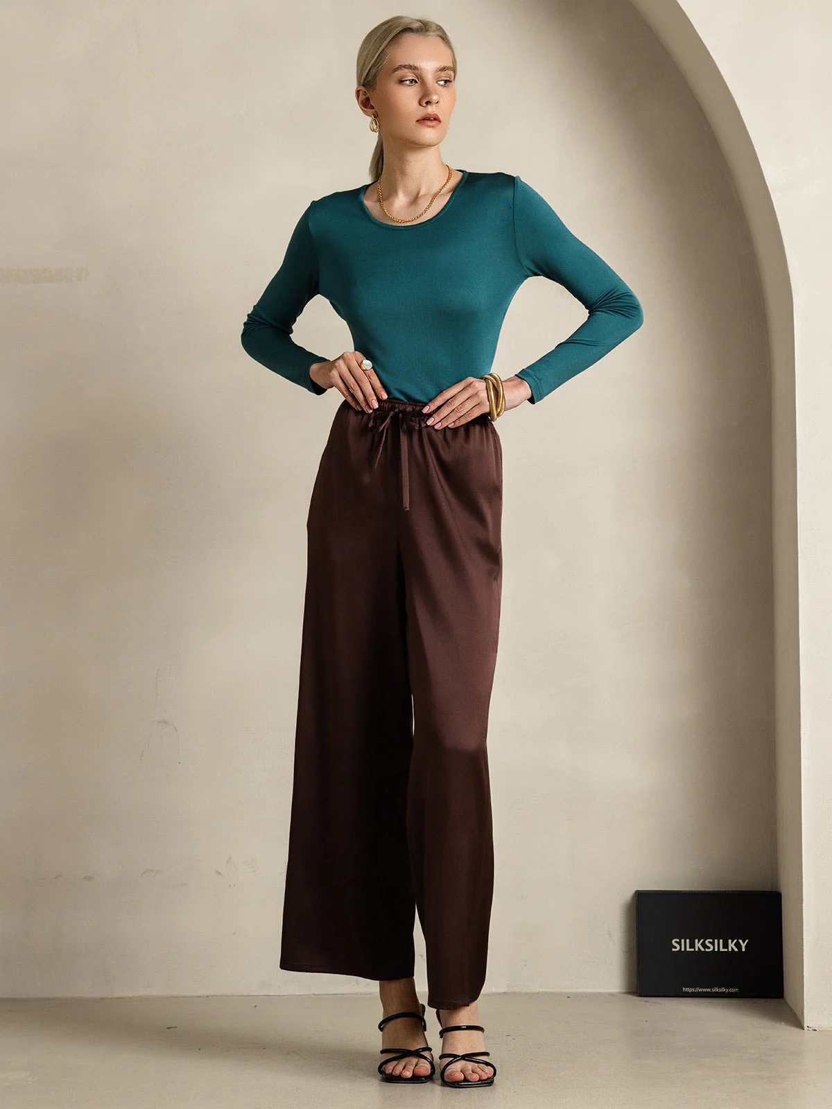 100% Mulberry Silk Wide Leg Women's Pants - Image 58