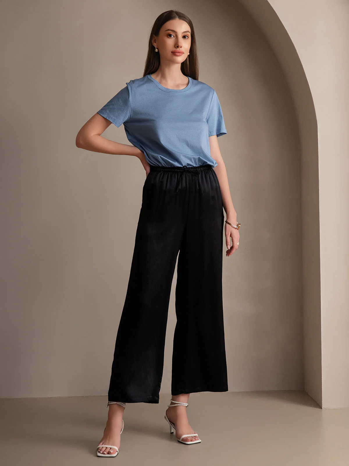 Pure Silk Wide Leg Women's Pants with Elastic Waist Design - Image 11