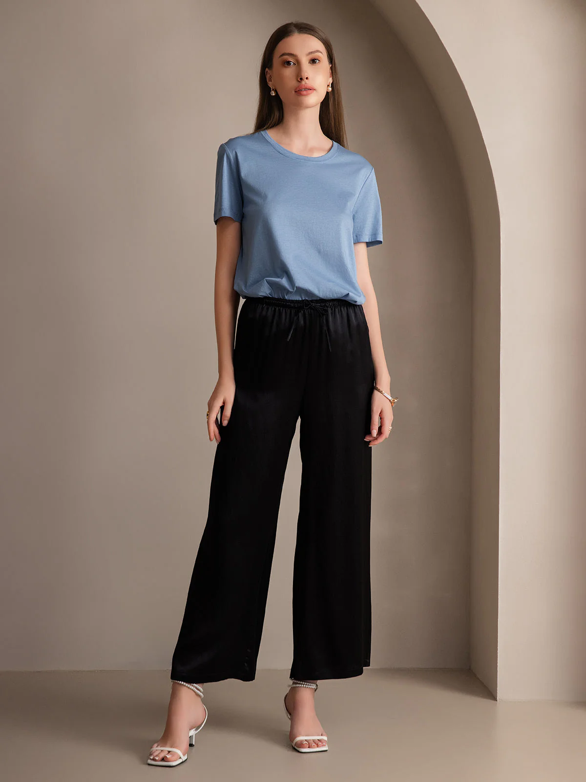 Pure Silk Wide Leg Women's Pants with Elastic Waist Design - Image 12