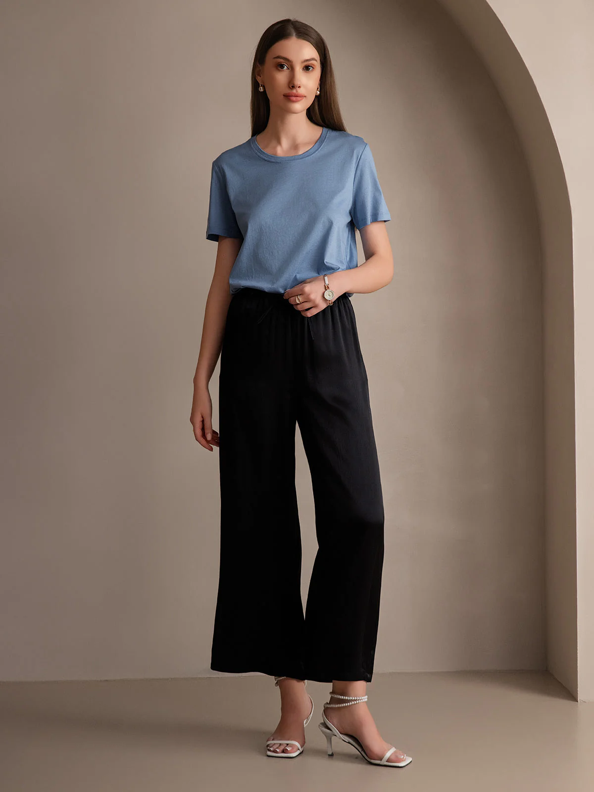 Pure Silk Wide Leg Women's Pants with Elastic Waist Design - Image 13