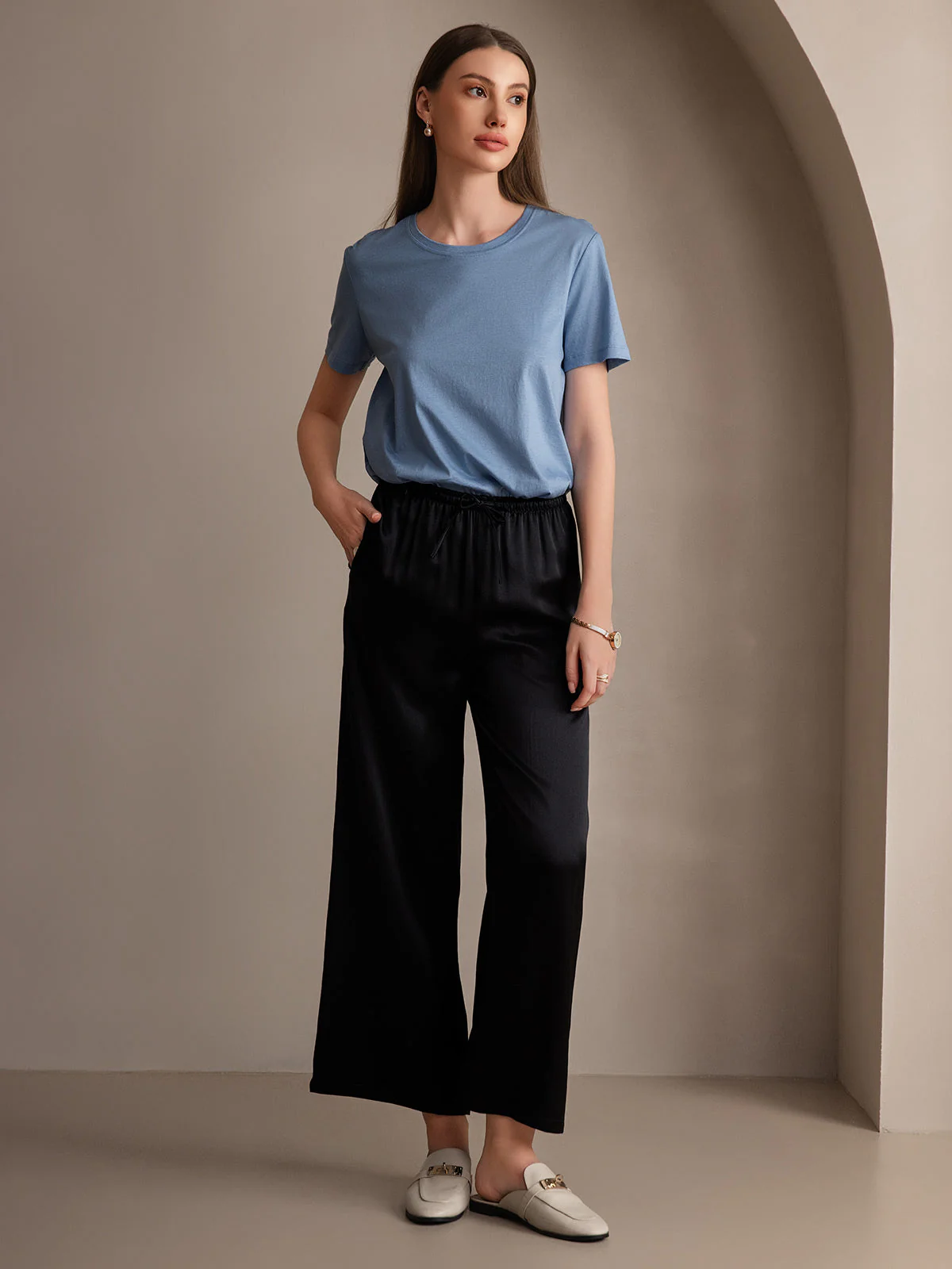 Pure Silk Wide Leg Women's Pants with Elastic Waist Design - Image 14