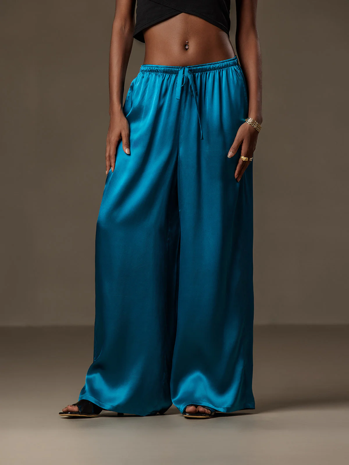 Pure Silk Wide Leg Women's Pants with Elastic Waist Design - Image 22