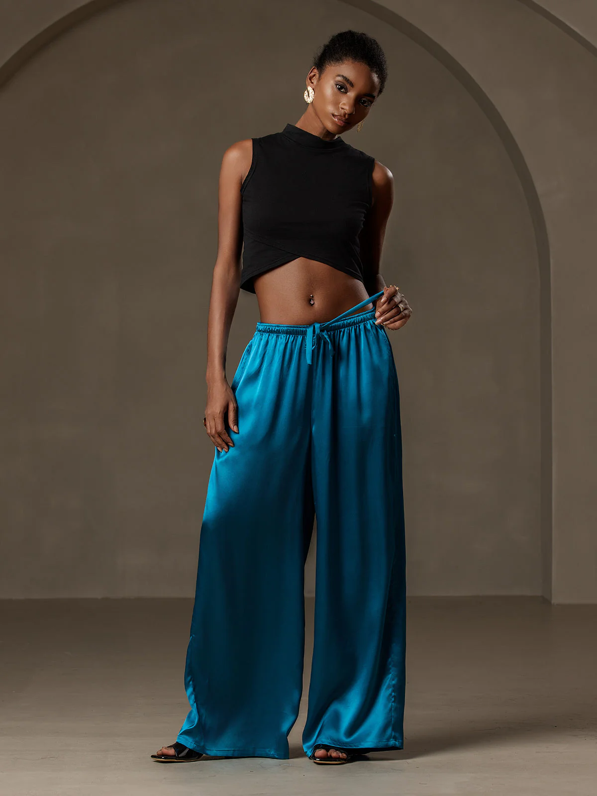 Pure Silk Wide Leg Women's Pants with Elastic Waist Design - Image 26