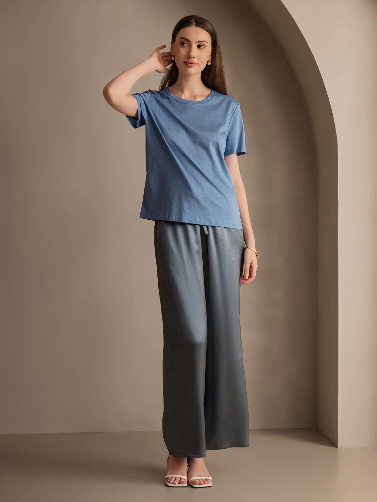 Pure Silk Wide Leg Women's Pants with Elastic Waist Design - Image 30