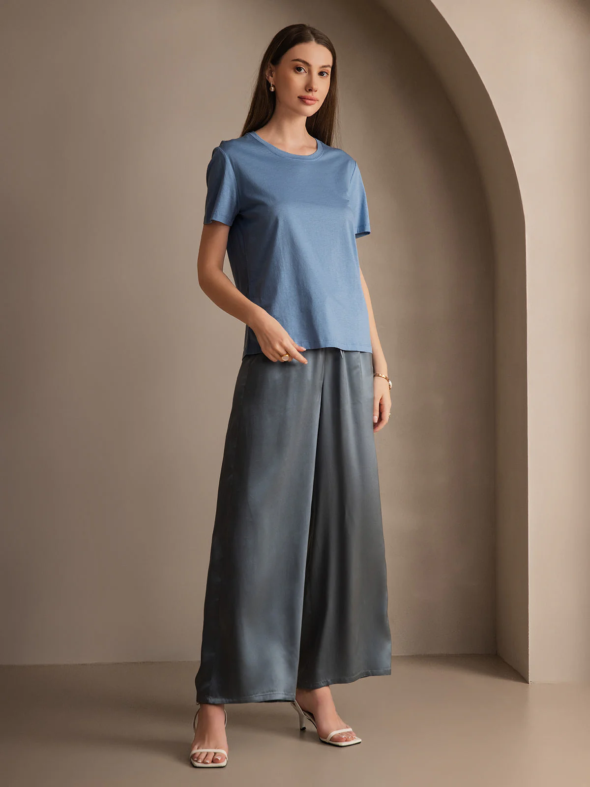 Pure Silk Wide Leg Women's Pants with Elastic Waist Design - Image 31