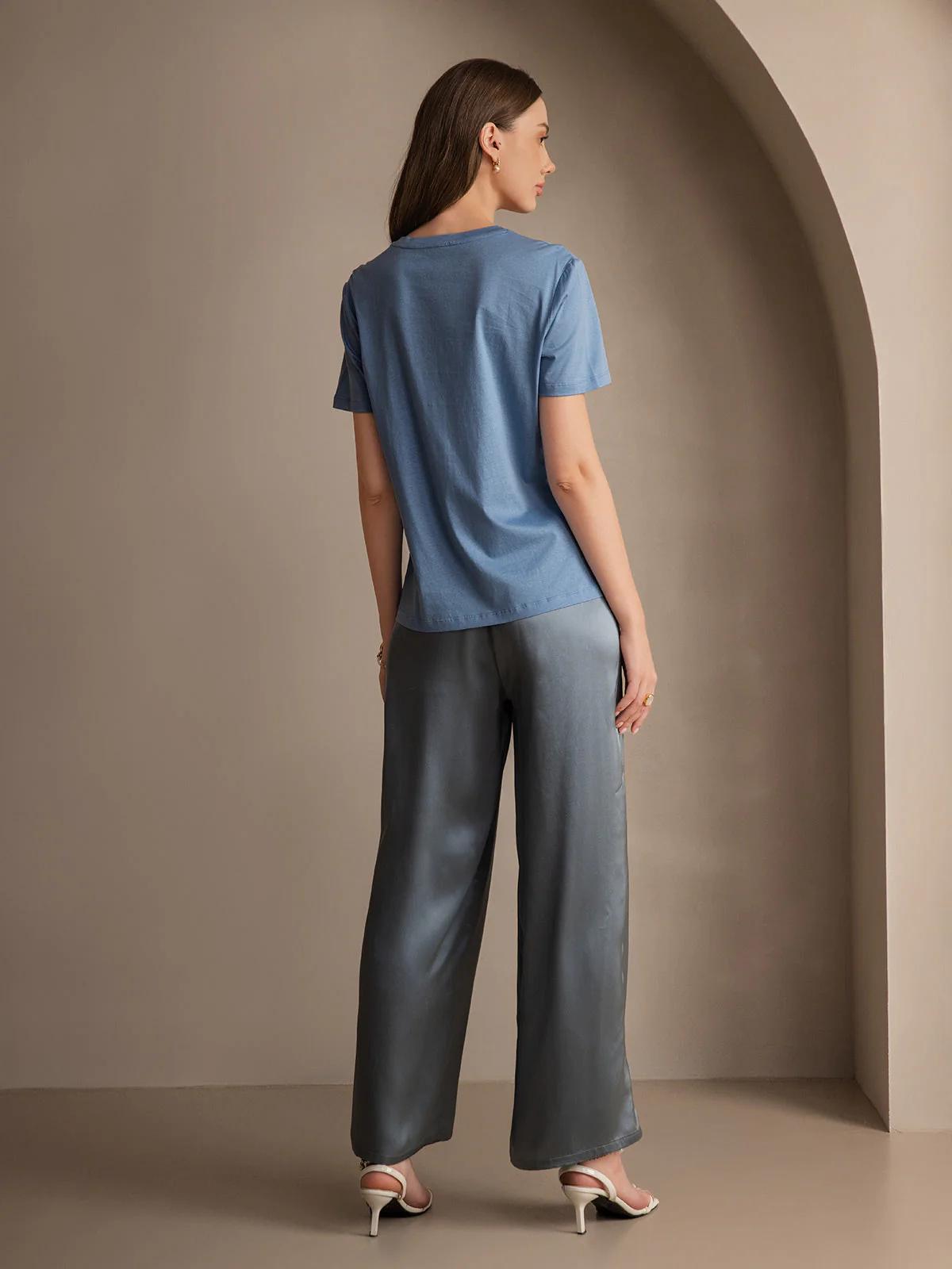 Pure Silk Wide Leg Women's Pants with Elastic Waist Design - Image 32