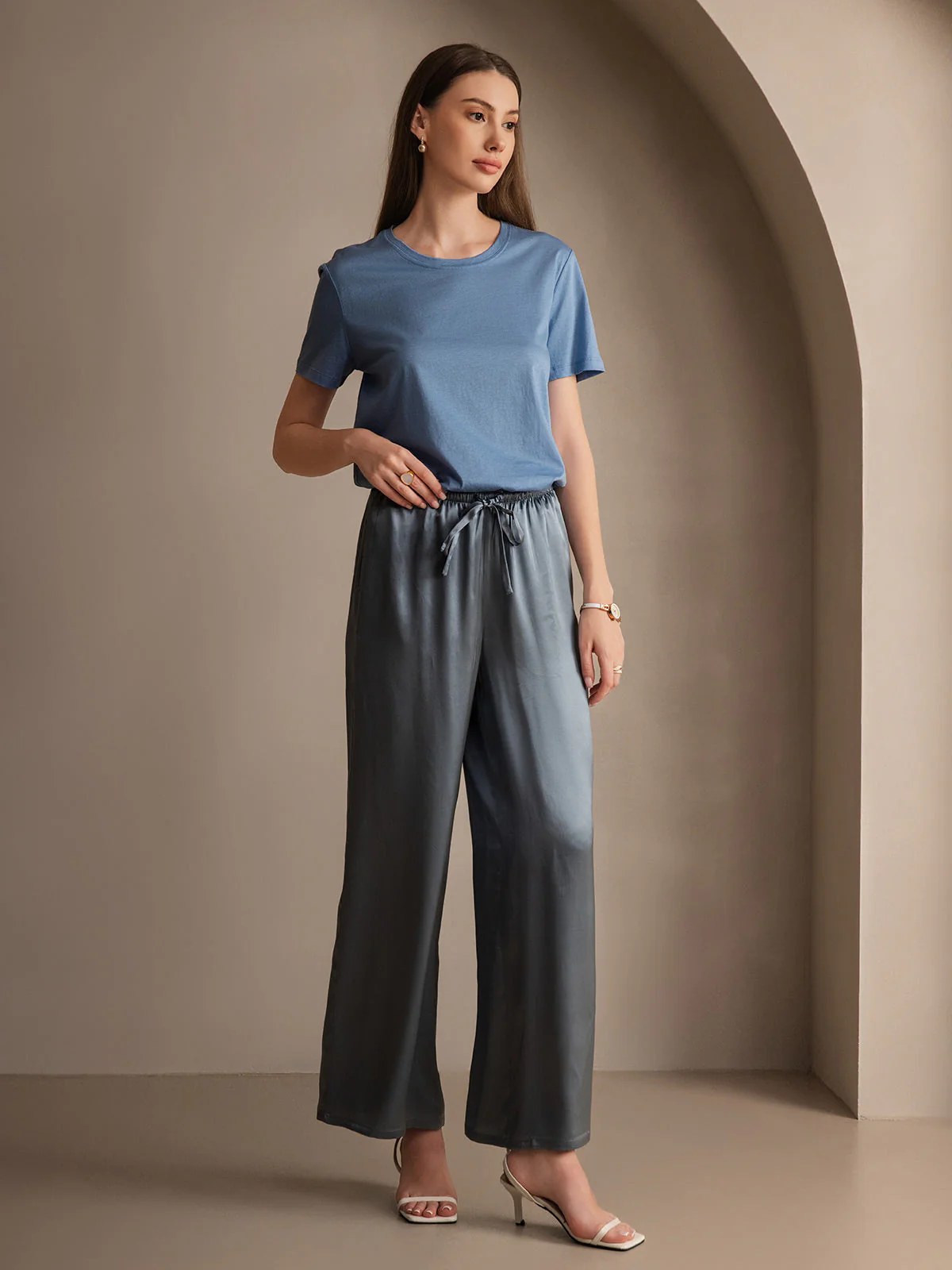 Pure Silk Wide Leg Women's Pants with Elastic Waist Design - Image 33
