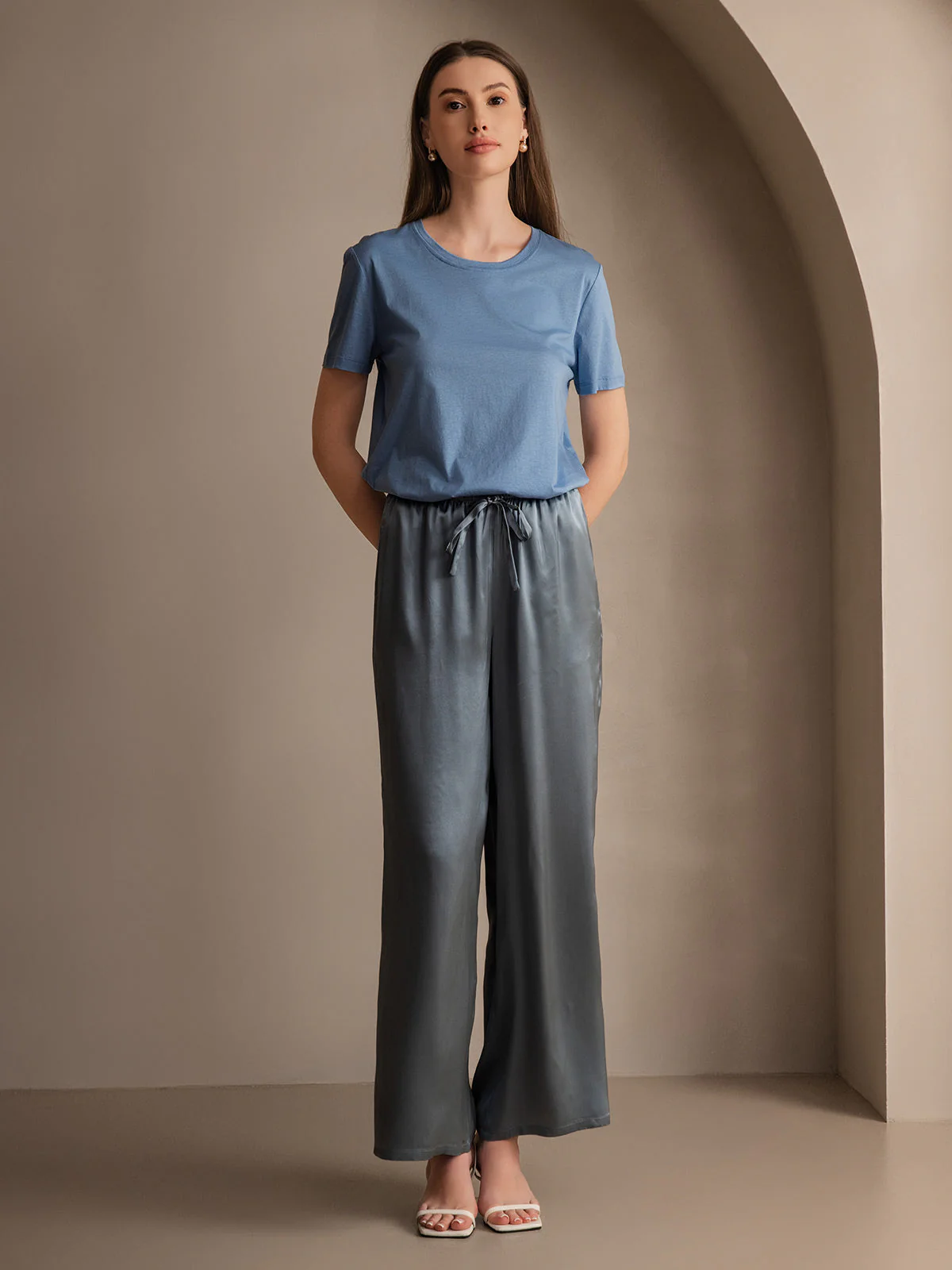 Pure Silk Wide Leg Women's Pants with Elastic Waist Design - Image 34