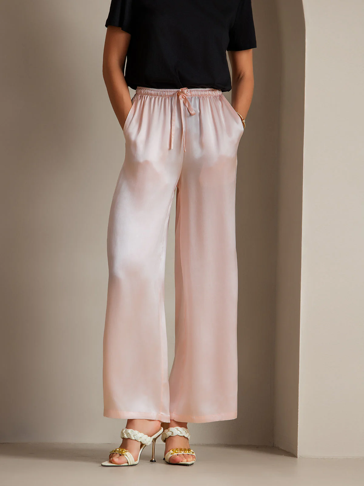 Pure Silk Wide Leg Women's Pants with Elastic Waist Design - Image 35