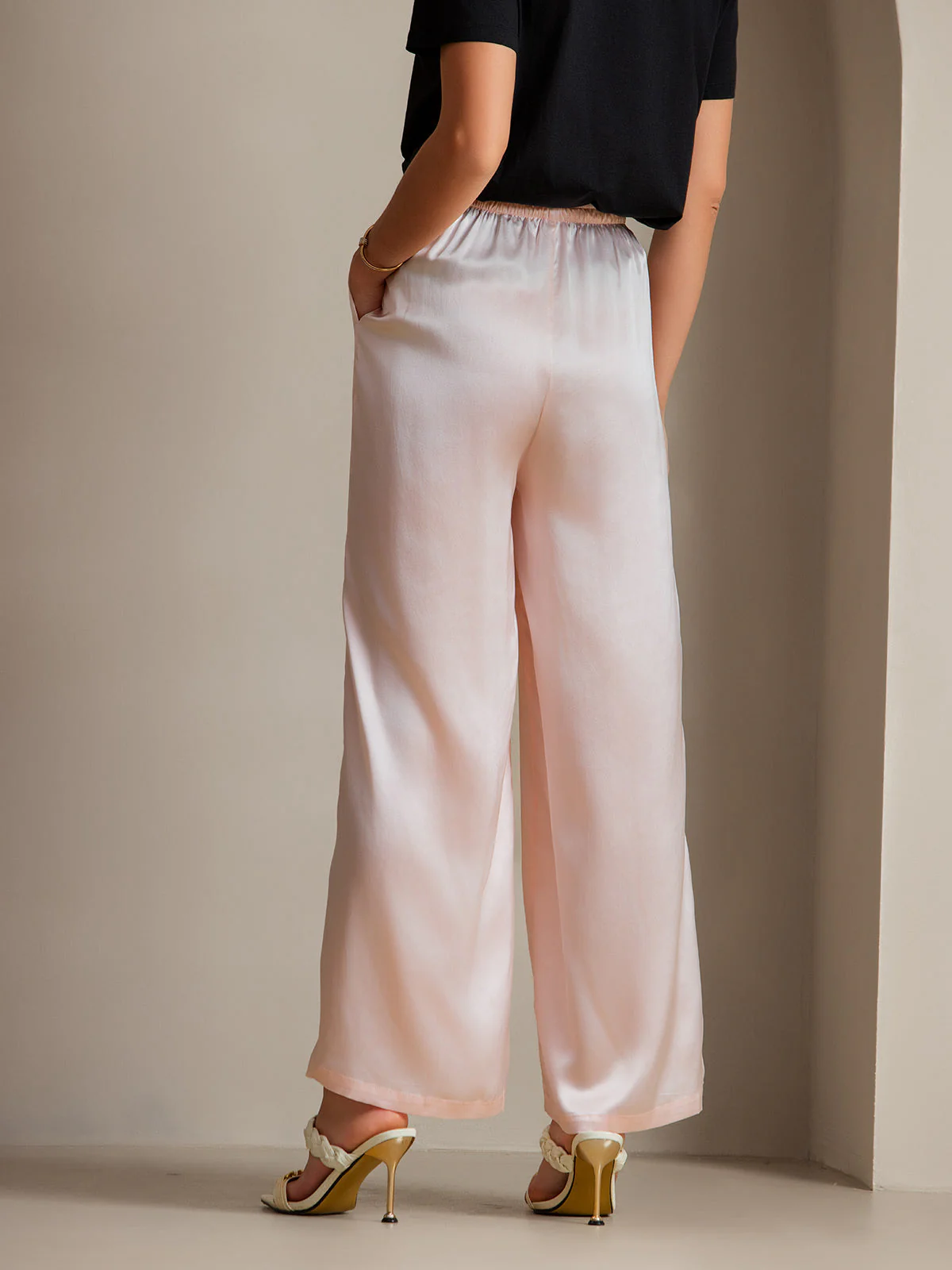 Pure Silk Wide Leg Women's Pants with Elastic Waist Design - Image 36