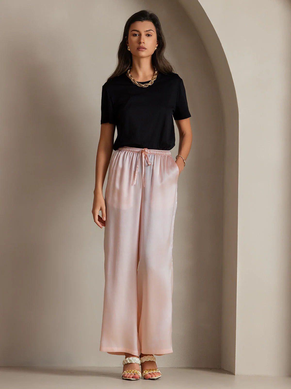 Pure Silk Wide Leg Women's Pants with Elastic Waist Design - Image 37