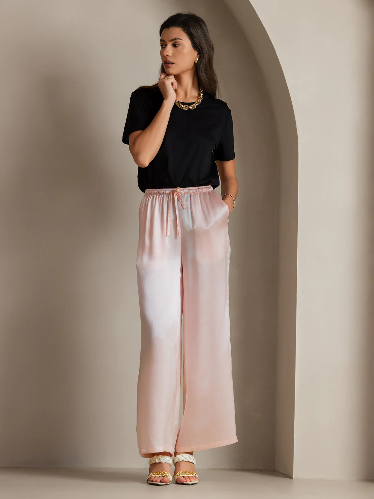 Pure Silk Wide Leg Women's Pants with Elastic Waist Design - Image 38