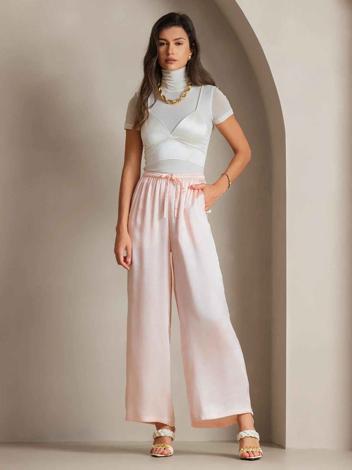 Pure Silk Wide Leg Women's Pants with Elastic Waist Design - Image 39
