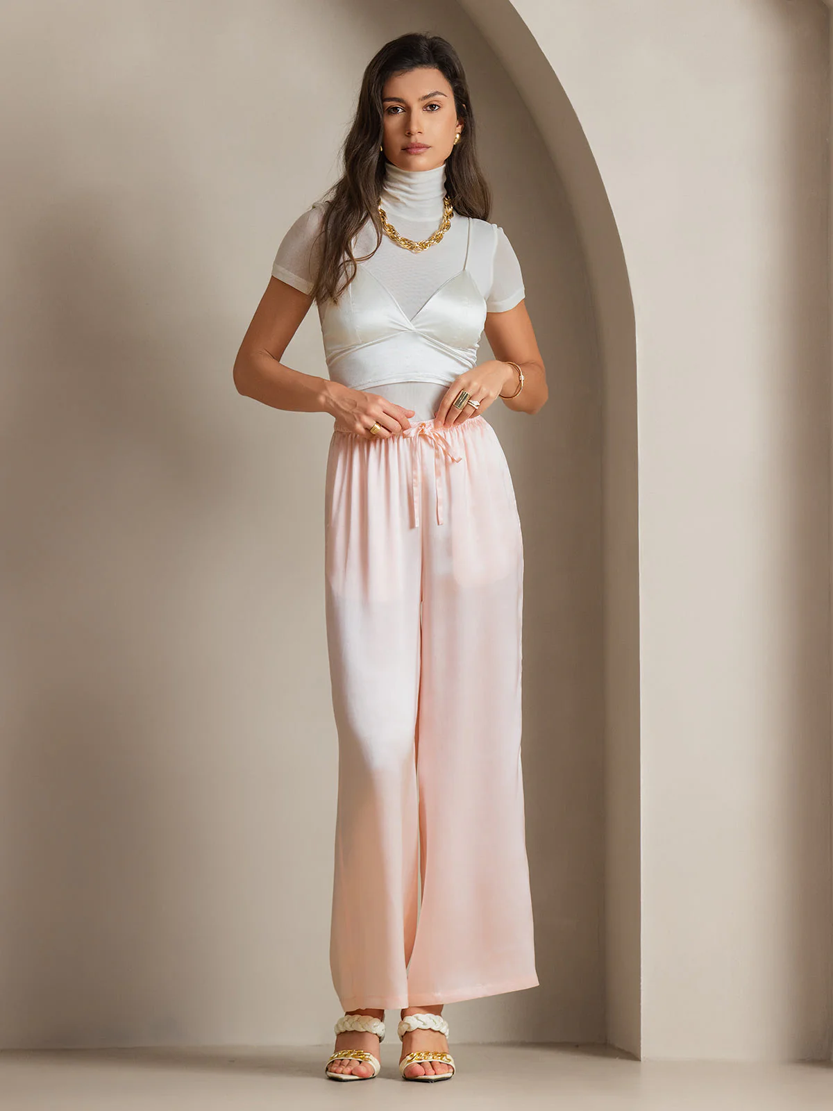 Pure Silk Wide Leg Women's Pants with Elastic Waist Design - Image 40