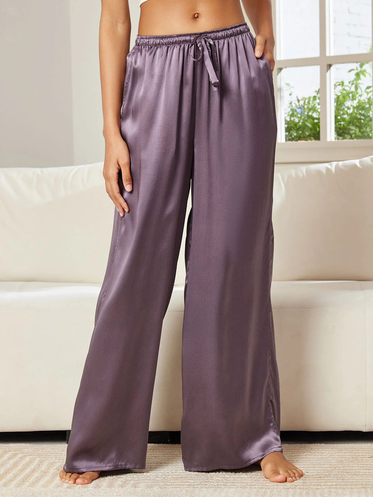Pure Silk Wide Leg Women's Pants with Elastic Waist Design - Image 43