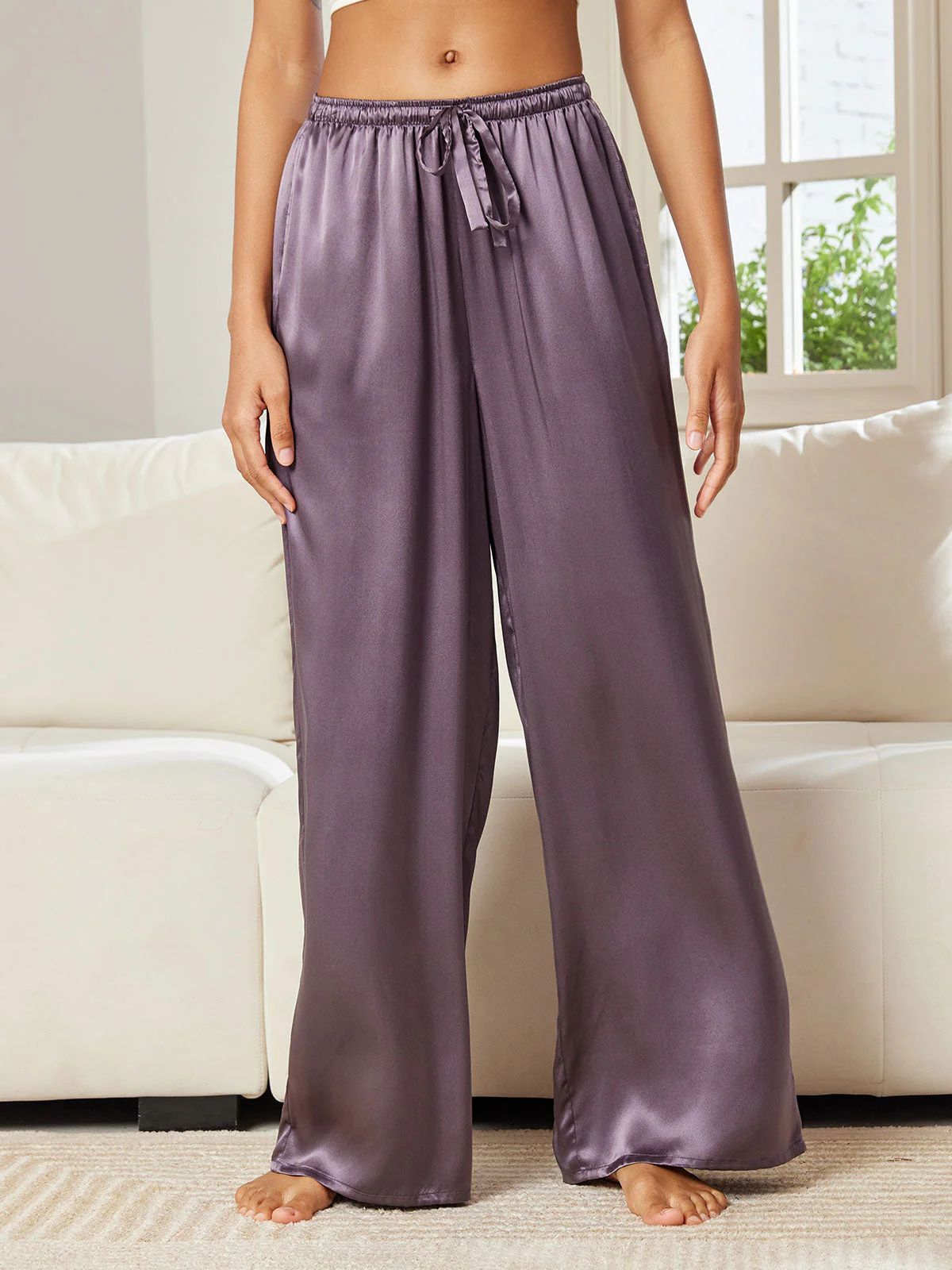 Pure Silk Wide Leg Women's Pants with Elastic Waist Design - Image 44