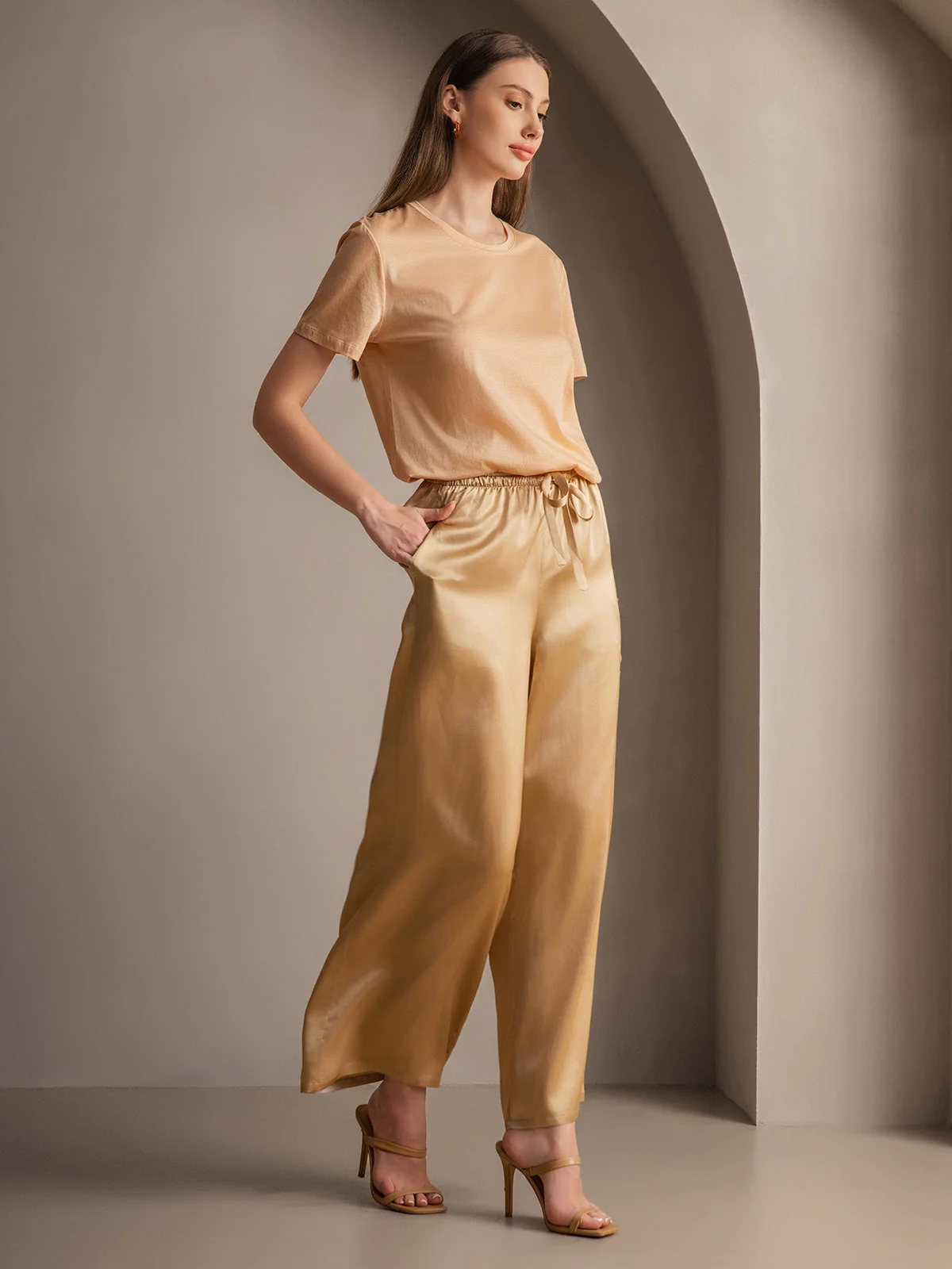 Pure Silk Wide Leg Women's Pants with Elastic Waist Design - Image 47