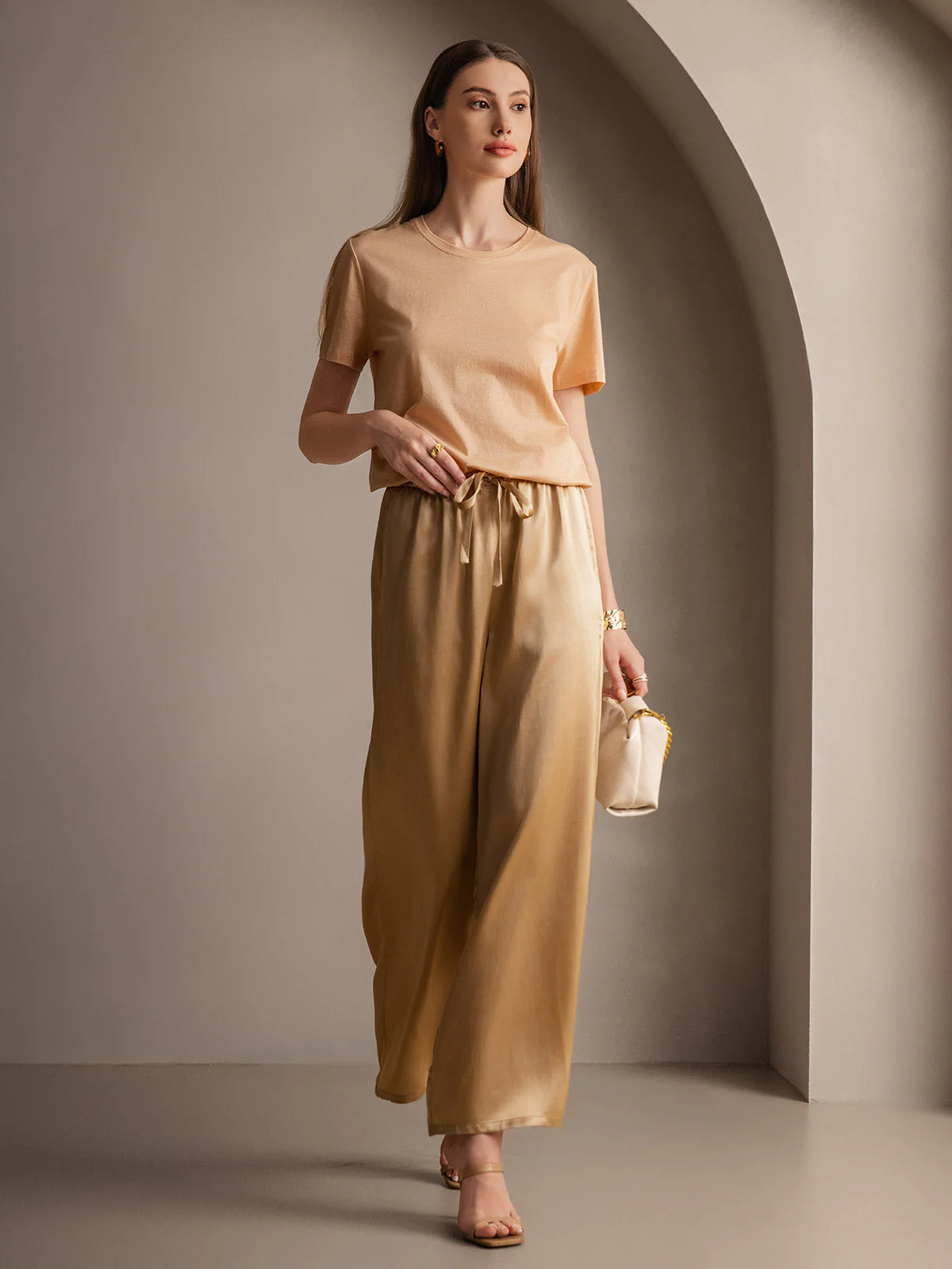 Pure Silk Wide Leg Women's Pants with Elastic Waist Design - Image 48