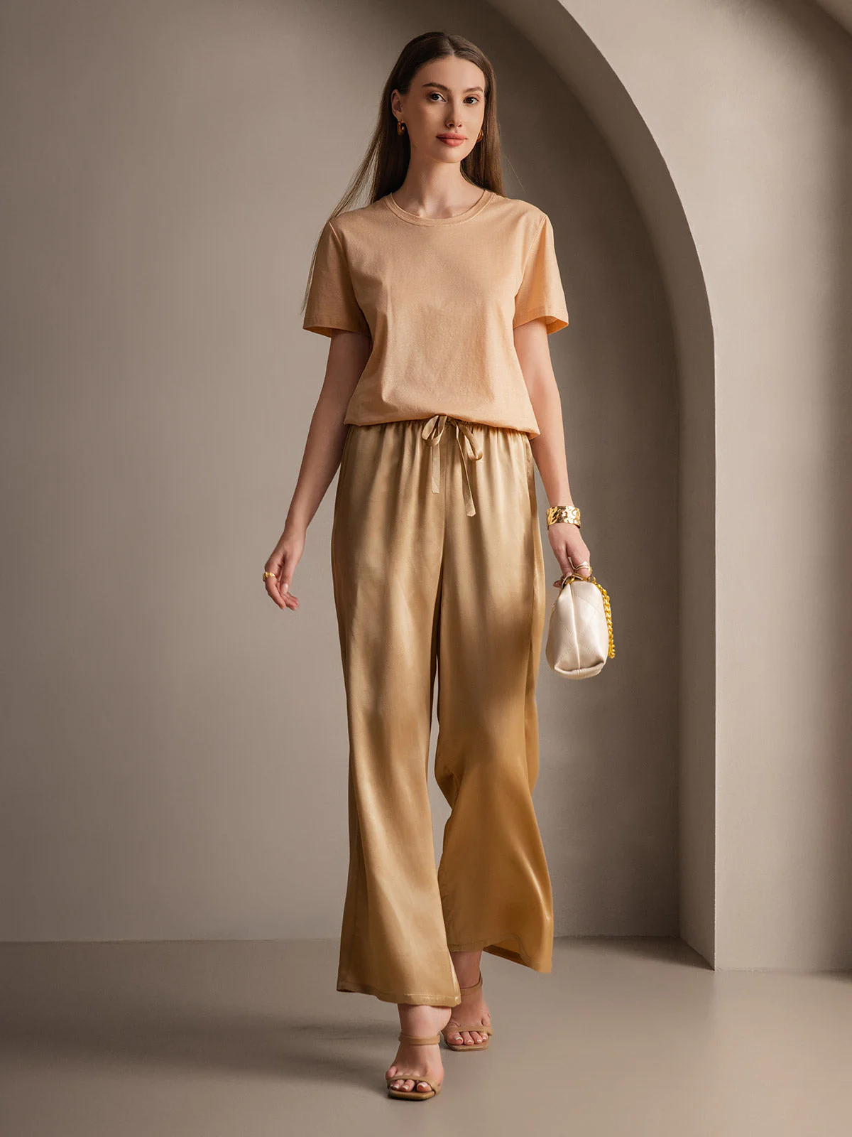 Pure Silk Wide Leg Women's Pants with Elastic Waist Design - Image 49