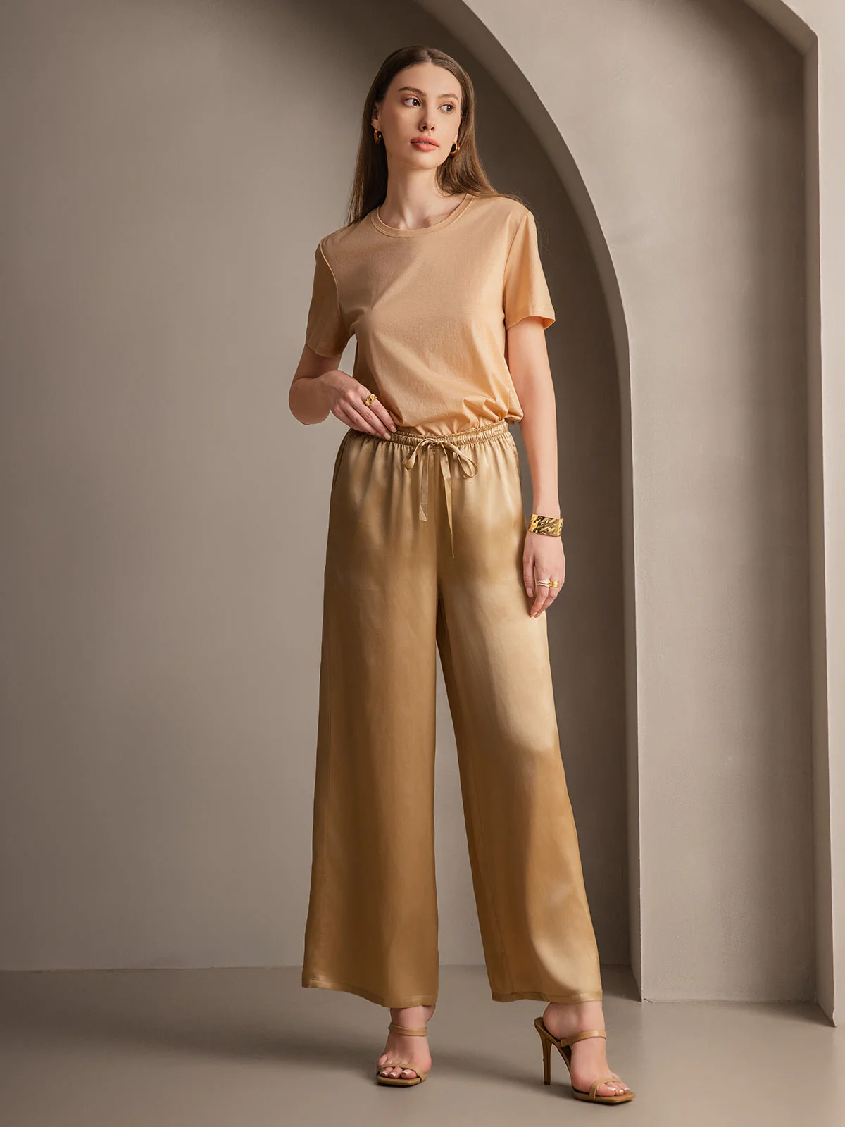 Pure Silk Wide Leg Women's Pants with Elastic Waist Design - Image 50