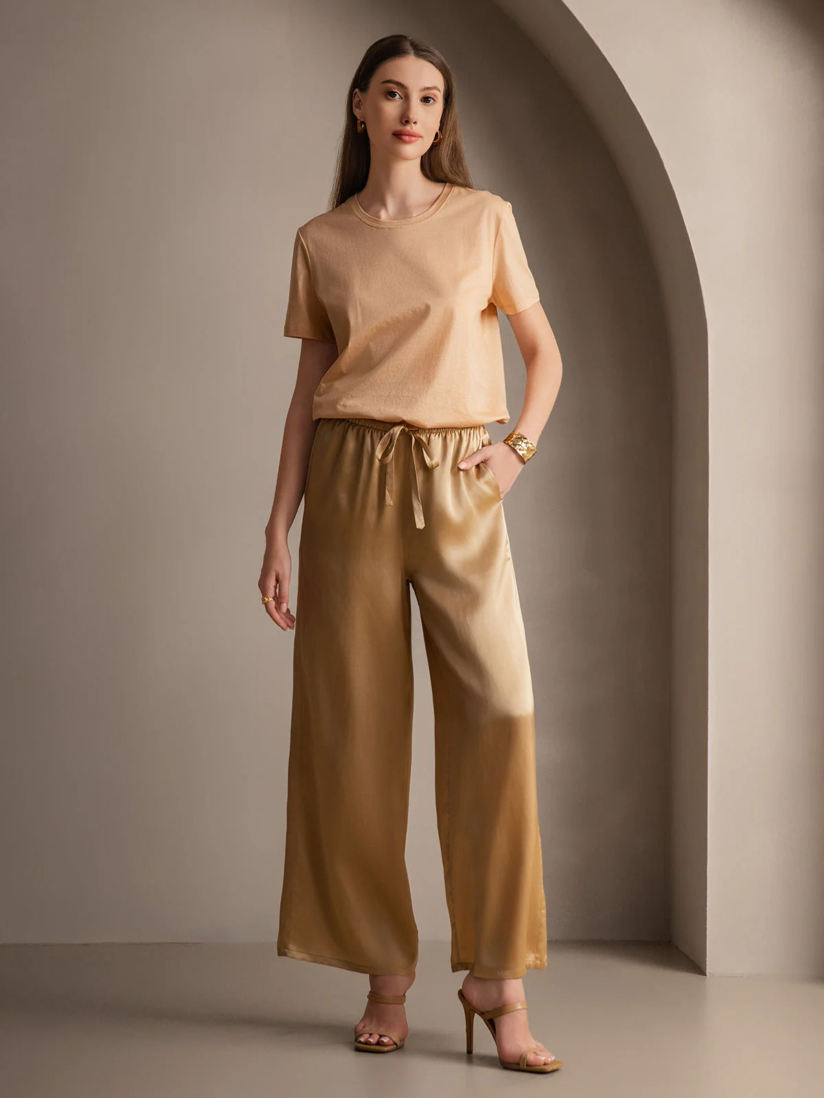Pure Silk Wide Leg Women's Pants with Elastic Waist Design - Image 51