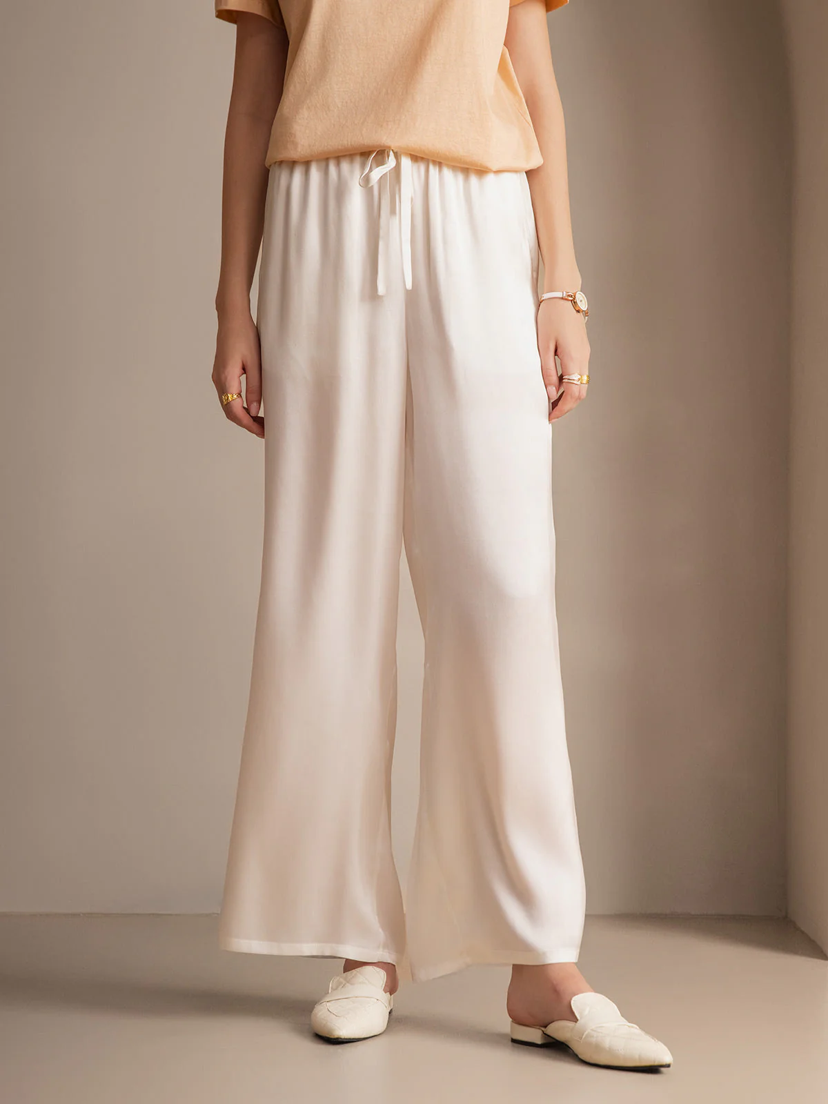Pure Silk Wide Leg Women's Pants with Elastic Waist Design - Image 52